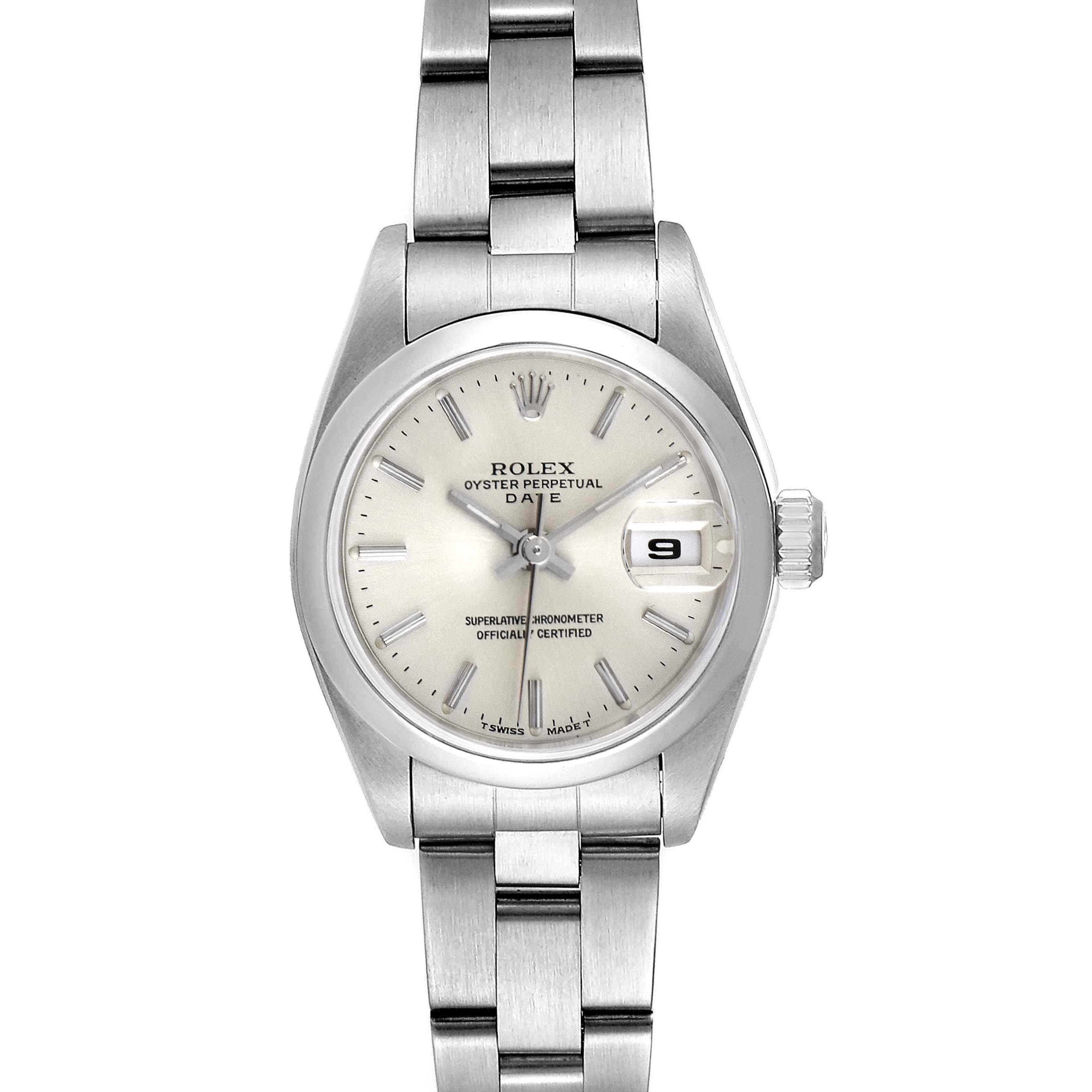 The image shows a frontal view of the Rolex Oyster Perpetual Date watch, highlighting the dial, bracelet, and date display.