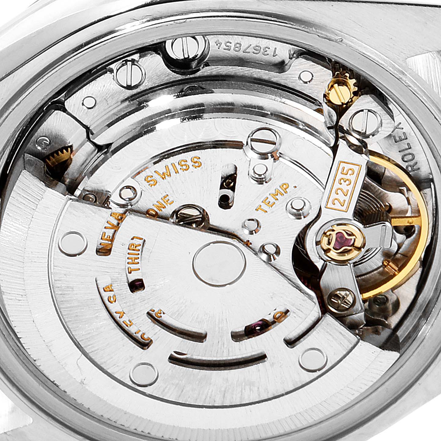 This close-up shows the intricate movement mechanism of a Rolex Datejust 79174 Women's Stainless Steel Mother of Pearl Dial 79174 Women's Stainless Steel Mother of Pearl Dial watch.