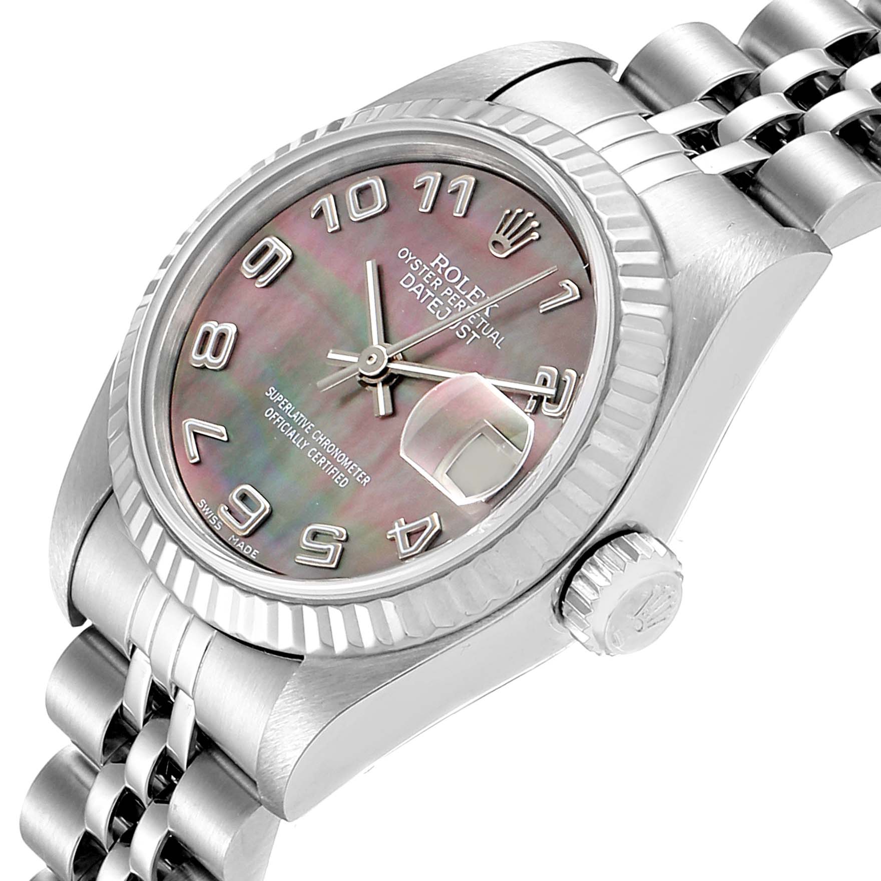 The image shows a close-up, angled view of a Rolex Datejust 79174 Women's Stainless Steel Mother of Pearl Dial 79174 Women's Stainless Steel Mother of Pearl Dial watch, highlighting the dial, date window, case, and bracelet.