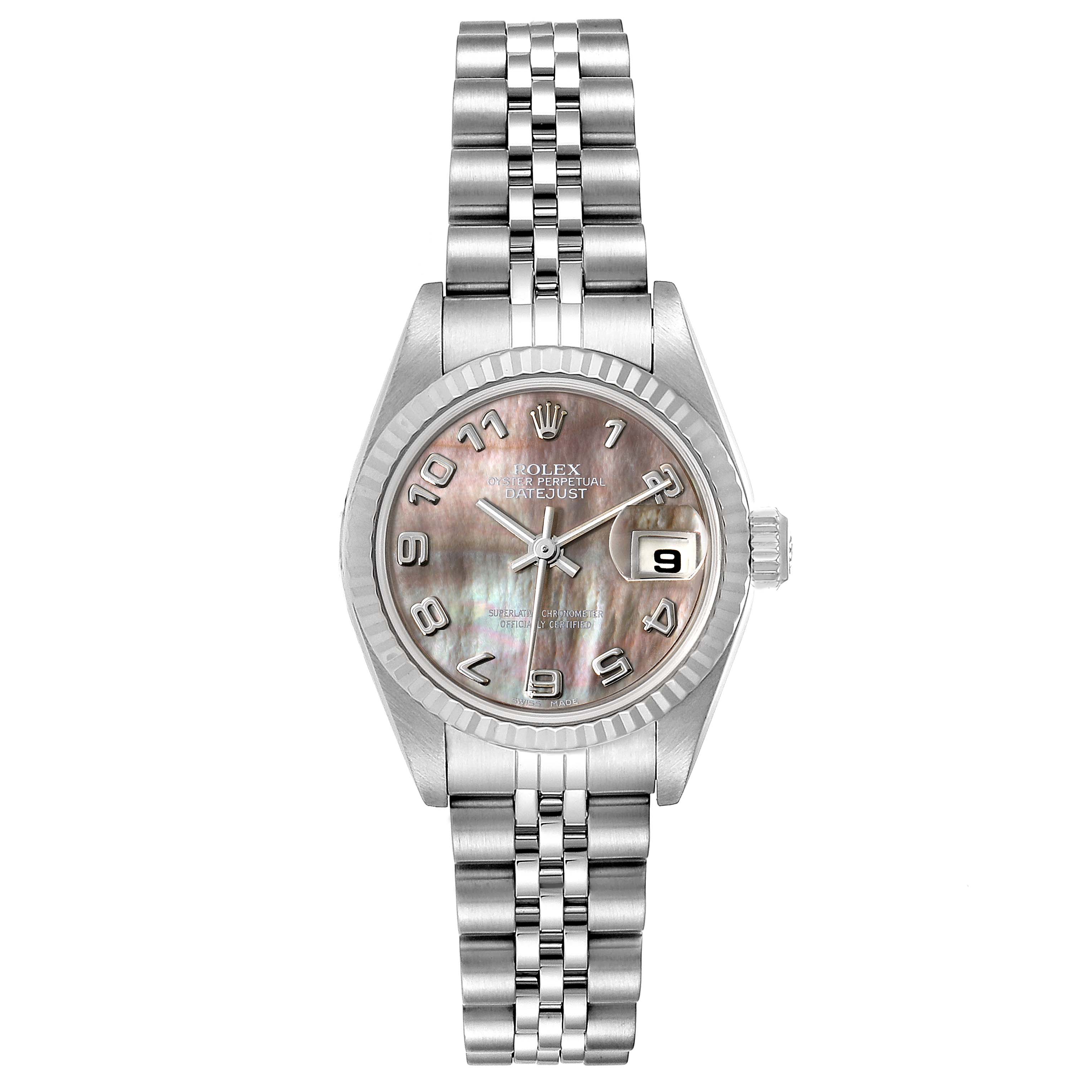This image shows a front view of the Rolex Datejust 79174 Women's Stainless Steel Mother of Pearl Dial 79174 Women's Stainless Steel Mother of Pearl Dial watch, highlighting its dial, bezel, and bracelet.