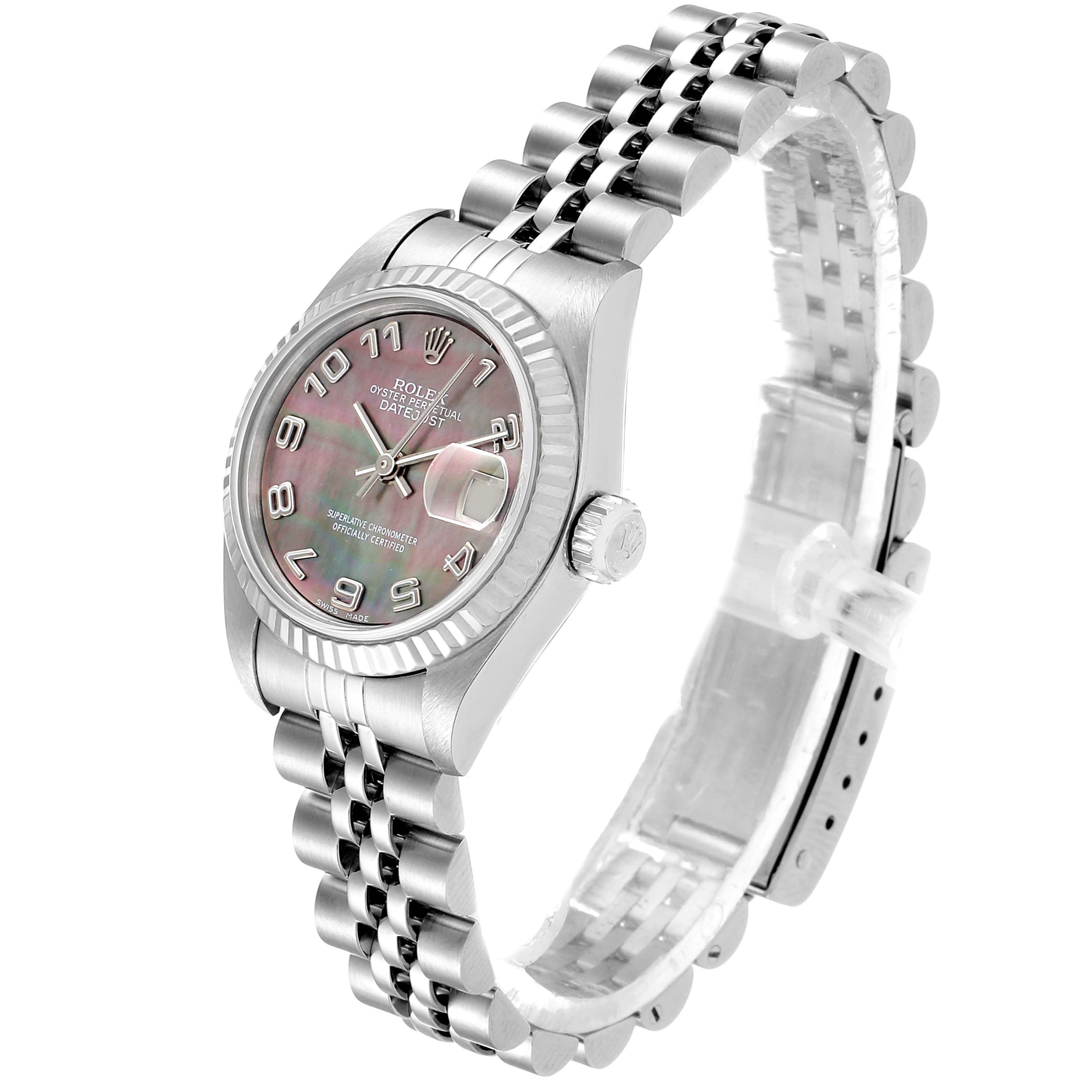 The image displays a Rolex Datejust 79174 Women's Stainless Steel Mother of Pearl Dial 79174 Women's Stainless Steel Mother of Pearl Dial watch at a three-quarter angle, highlighting the watch face, bezel, crown, and bracelet.