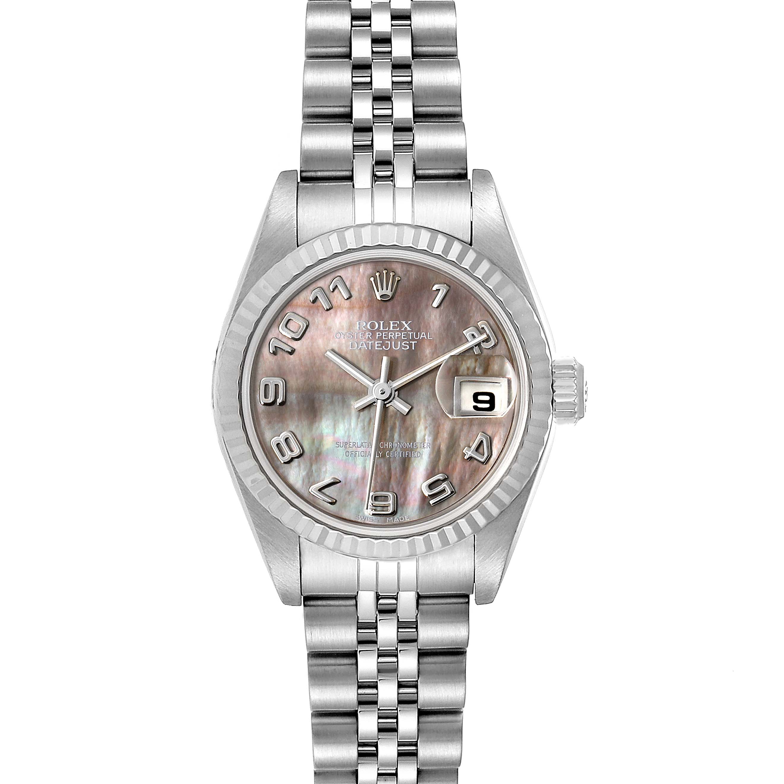 This image shows a Rolex Datejust 79174 Women's Stainless Steel Mother of Pearl Dial 79174 Women's Stainless Steel Mother of Pearl Dial watch from a top-down angle, highlighting its face, bezel, and bracelet.