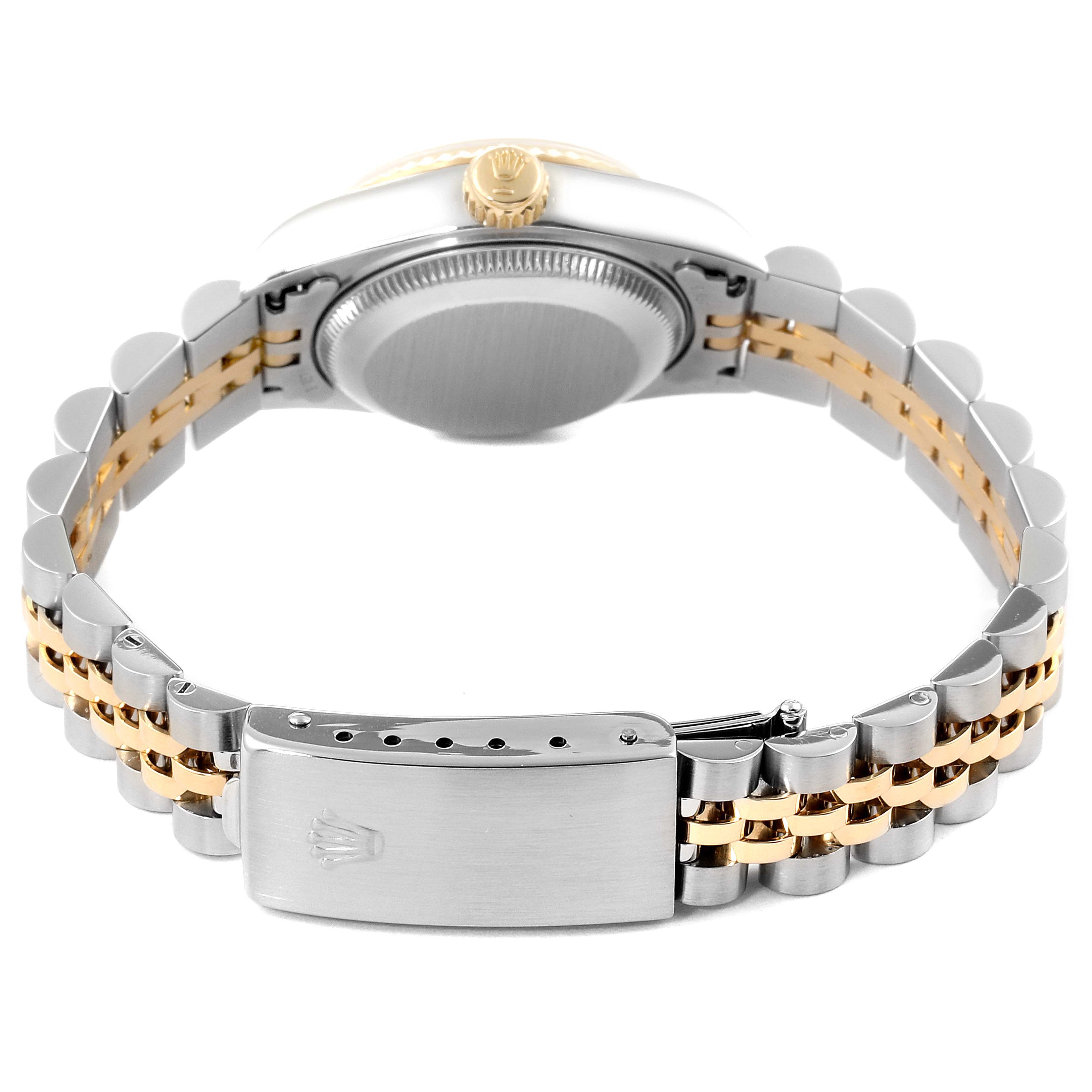This image shows the back case and bracelet clasp of a Rolex Datejust 69173 Women
s Steel and Gold (two tone) Champagne Dial 69173 Women
s Steel and Gold (two tone) Champagne Dial watch, with a two-tone metal design.