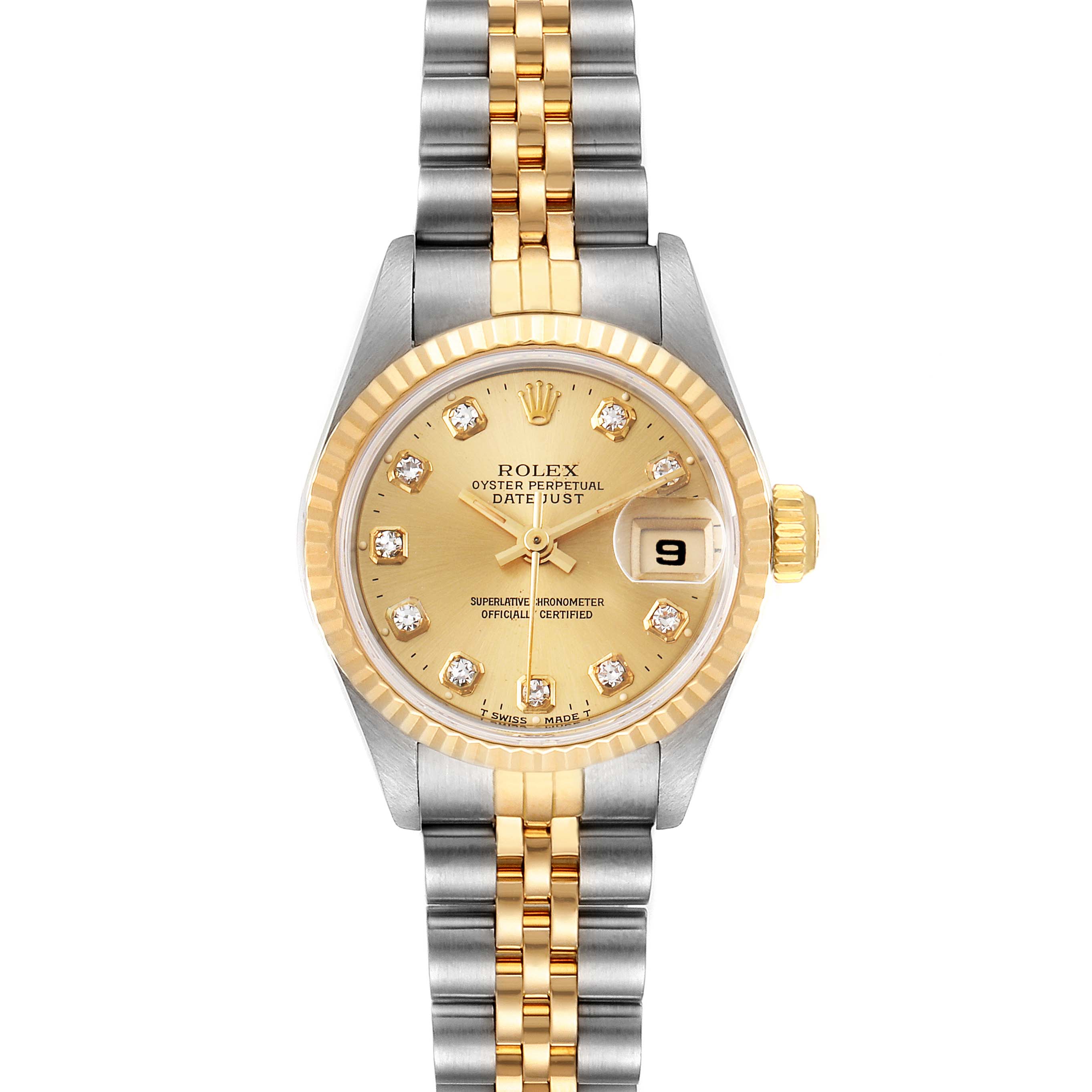 This is a straight-on view of a Rolex Datejust 69173 Women
s Steel and Gold (two tone) Champagne Dial 69173 Women
s Steel and Gold (two tone) Champagne Dial watch, showing the gold bezel, champagne dial, and two-tone bracelet.