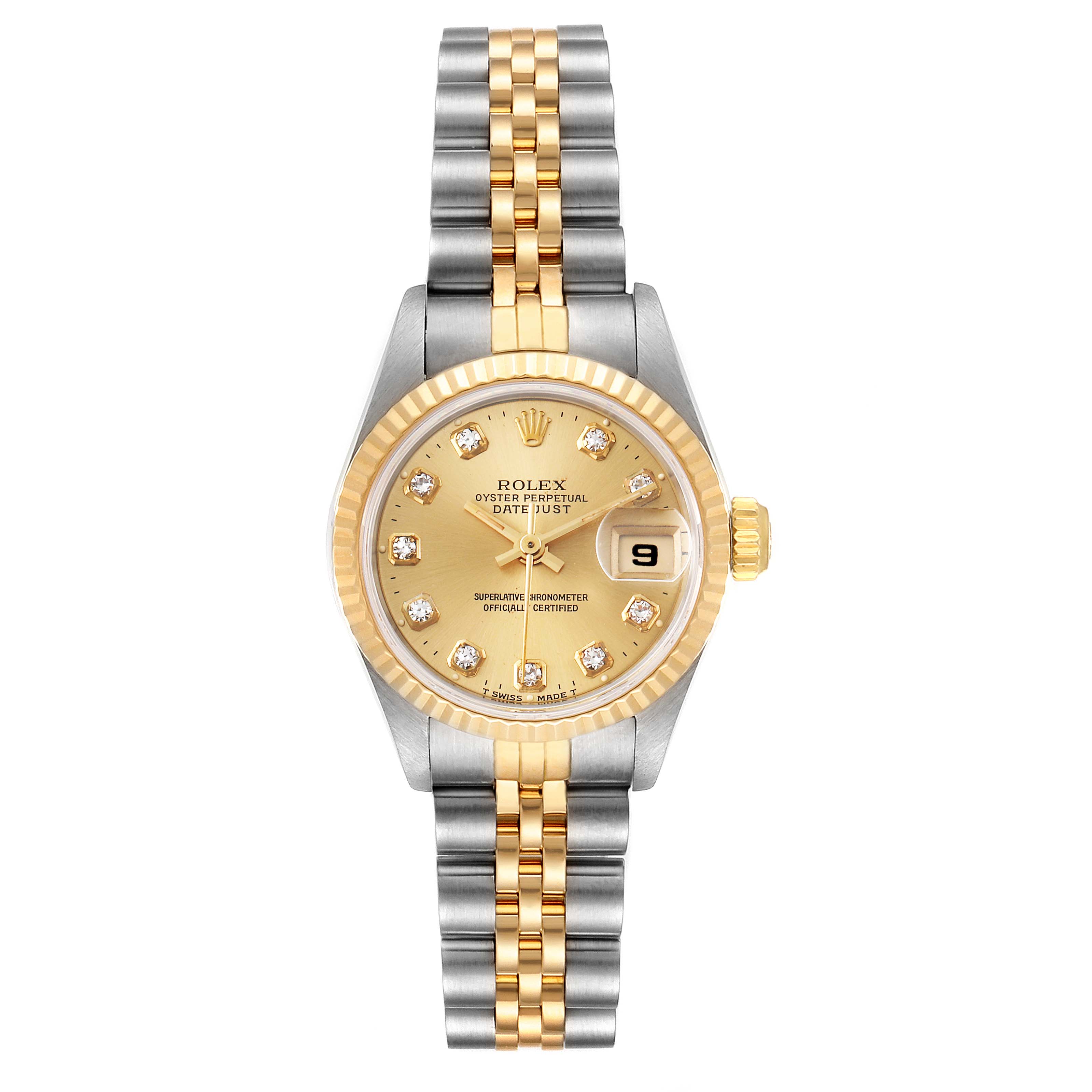 The image shows a frontal view of a Rolex Datejust 69173 Women
s Steel and Gold (two tone) Champagne Dial 69173 Women
s Steel and Gold (two tone) Champagne Dial watch, highlighting its face, bezel, and two-tone bracelet.