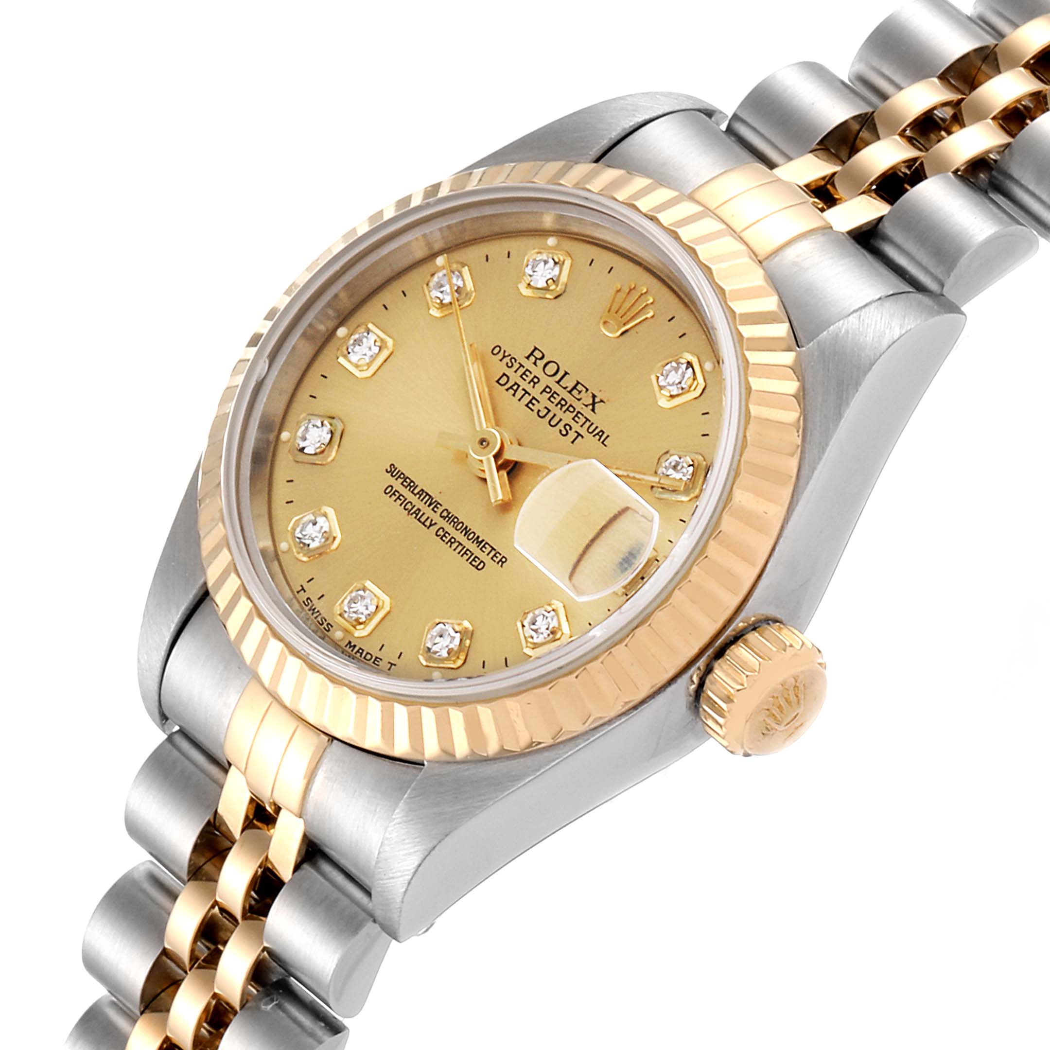 This is a close-up angled view of the Rolex Datejust 69173 Women
s Steel and Gold (two tone) Champagne Dial 69173 Women
s Steel and Gold (two tone) Champagne Dial, showcasing the dial, bezel, case, and bracelet.