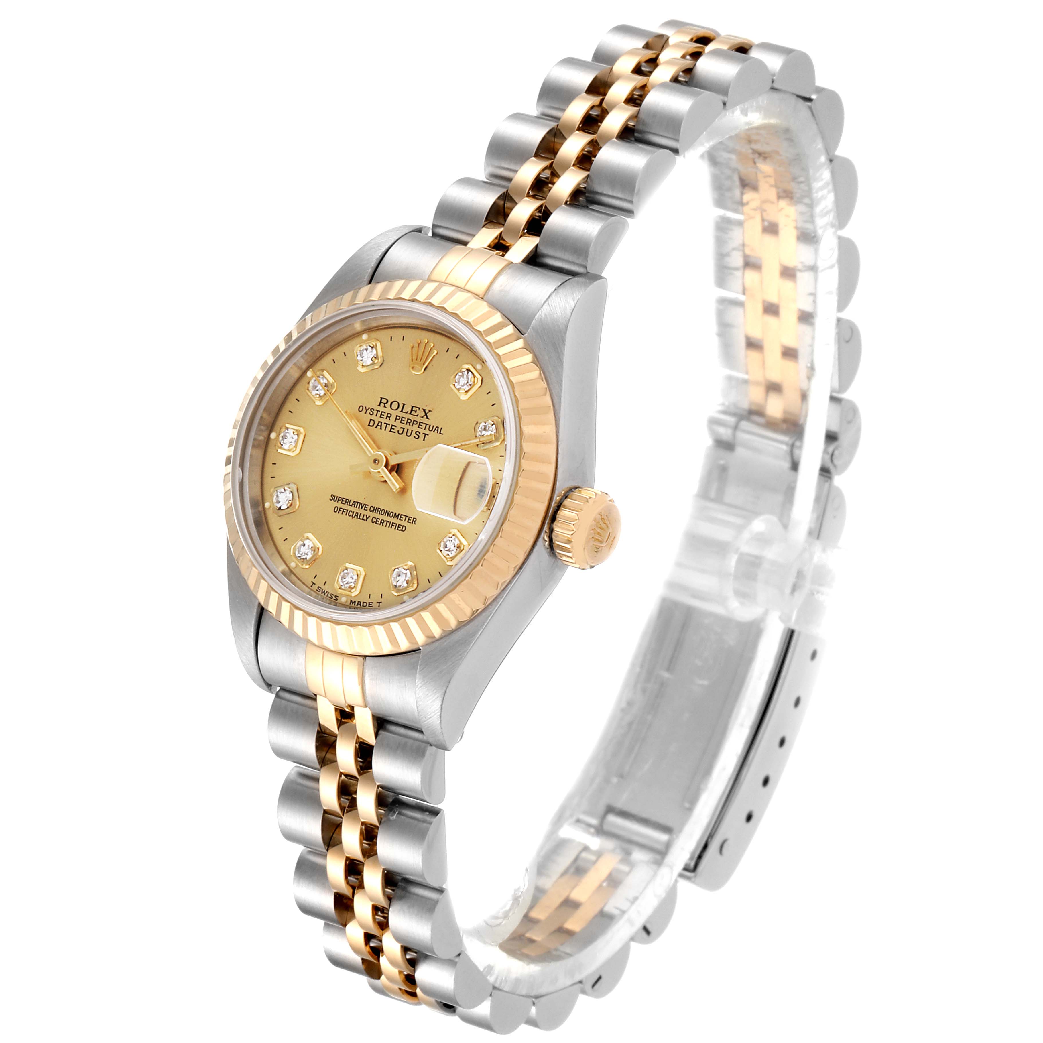 The image shows a Rolex Datejust 69173 Women
s Steel and Gold (two tone) Champagne Dial 69173 Women
s Steel and Gold (two tone) Champagne Dial watch at a three-quarter angle with a two-tone bracelet, champagne dial, and diamond hour markers.