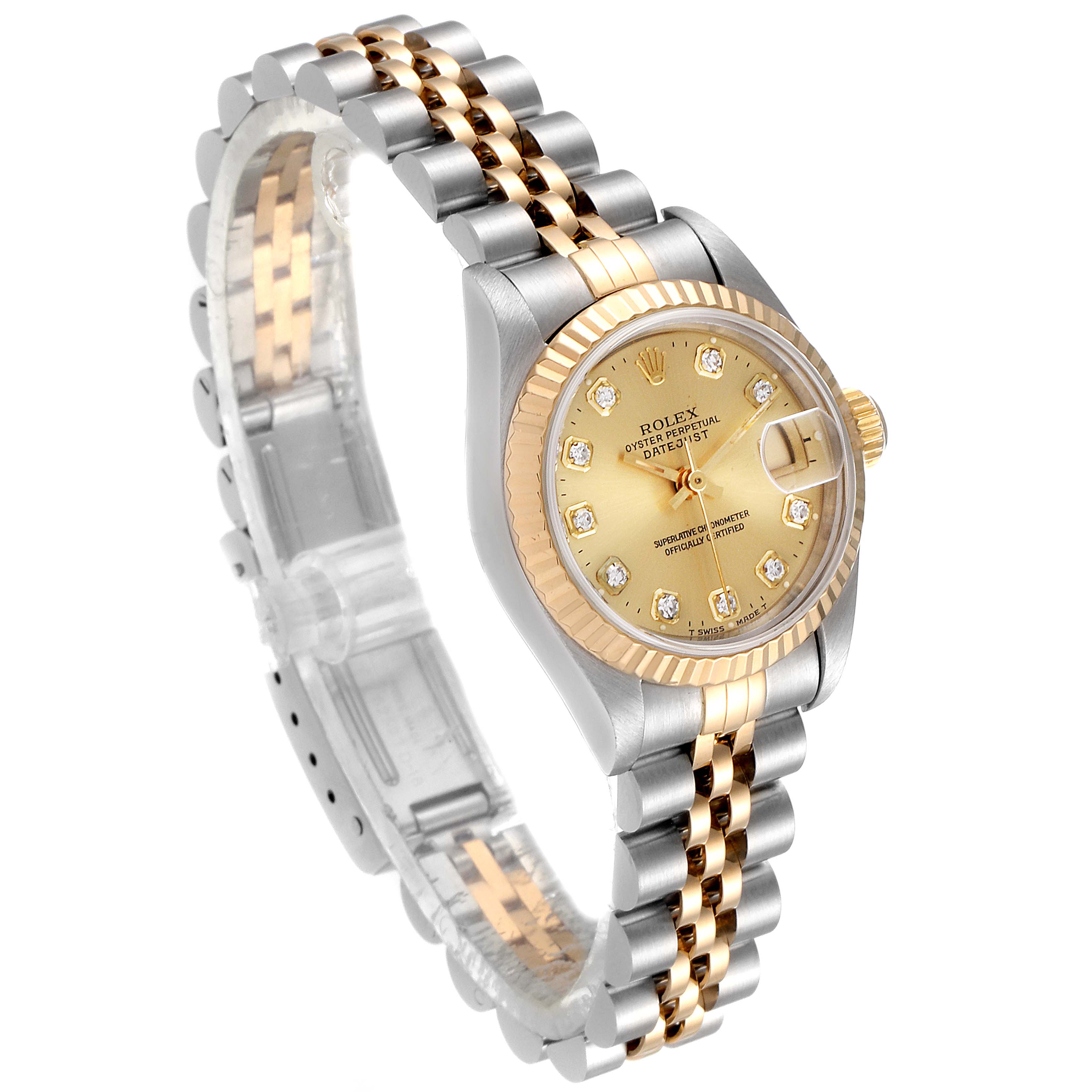 The image shows a gold and silver Rolex Datejust 69173 Women
s Steel and Gold (two tone) Champagne Dial 69173 Women
s Steel and Gold (two tone) Champagne Dial watch at a slight side angle, highlighting its bracelet, dial, and bezel.