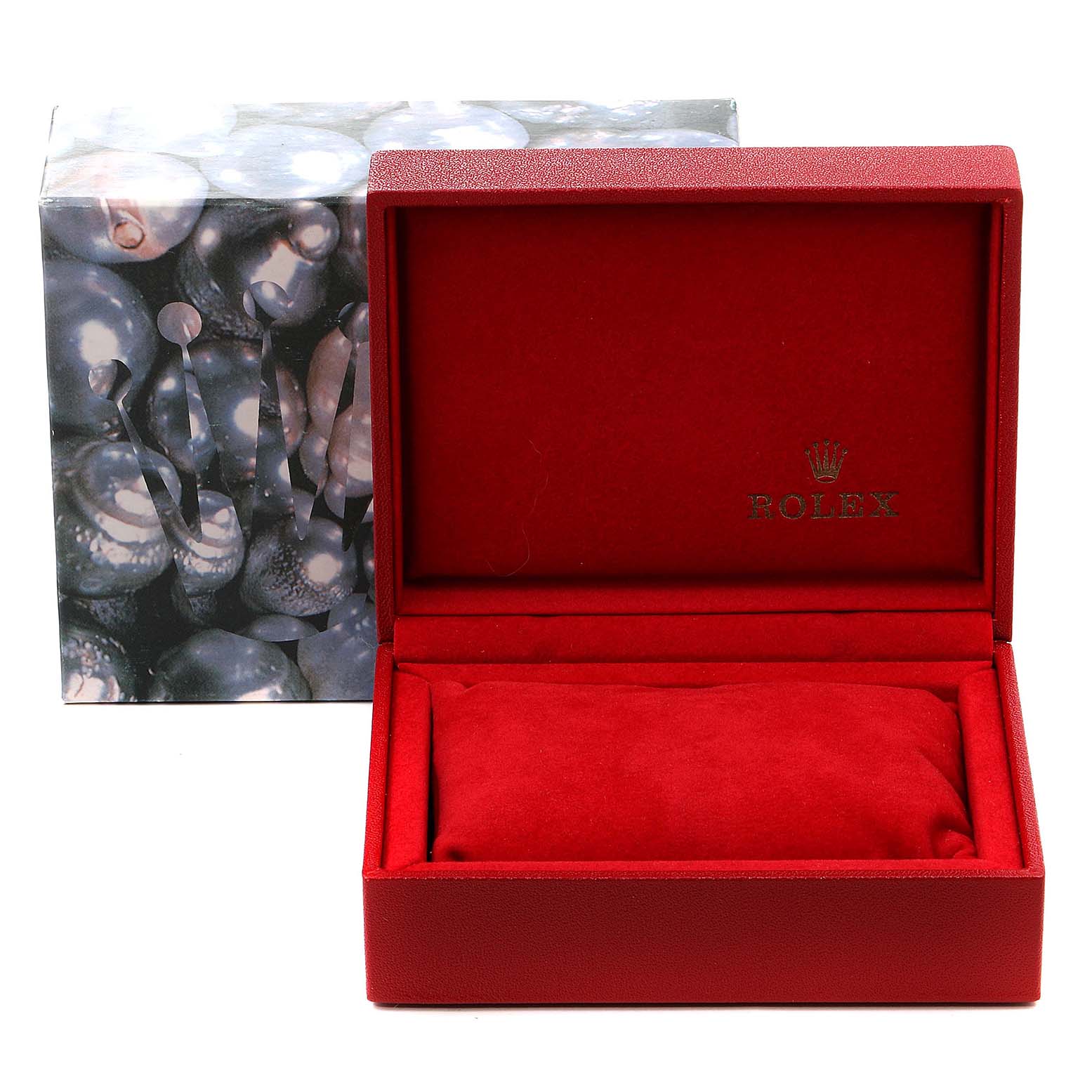 This image shows a red Rolex watch box for the Datejust model, with the brand
s logo inside the box lid.