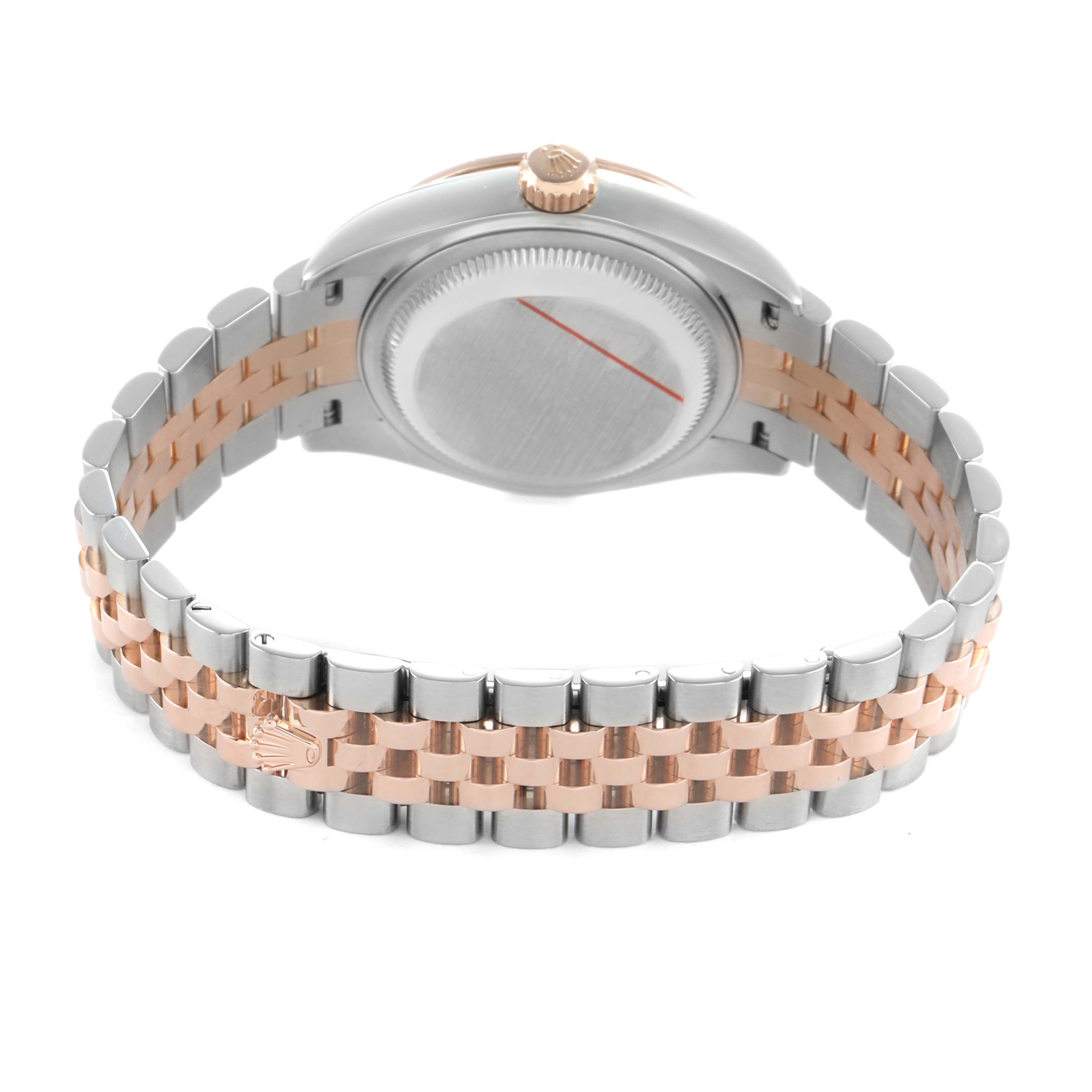 The Rolex Datejust 279381 Women's Steel and Gold (two tone) Brown Dial watch is shown from the back, highlighting its two-tone bracelet and closed case back.