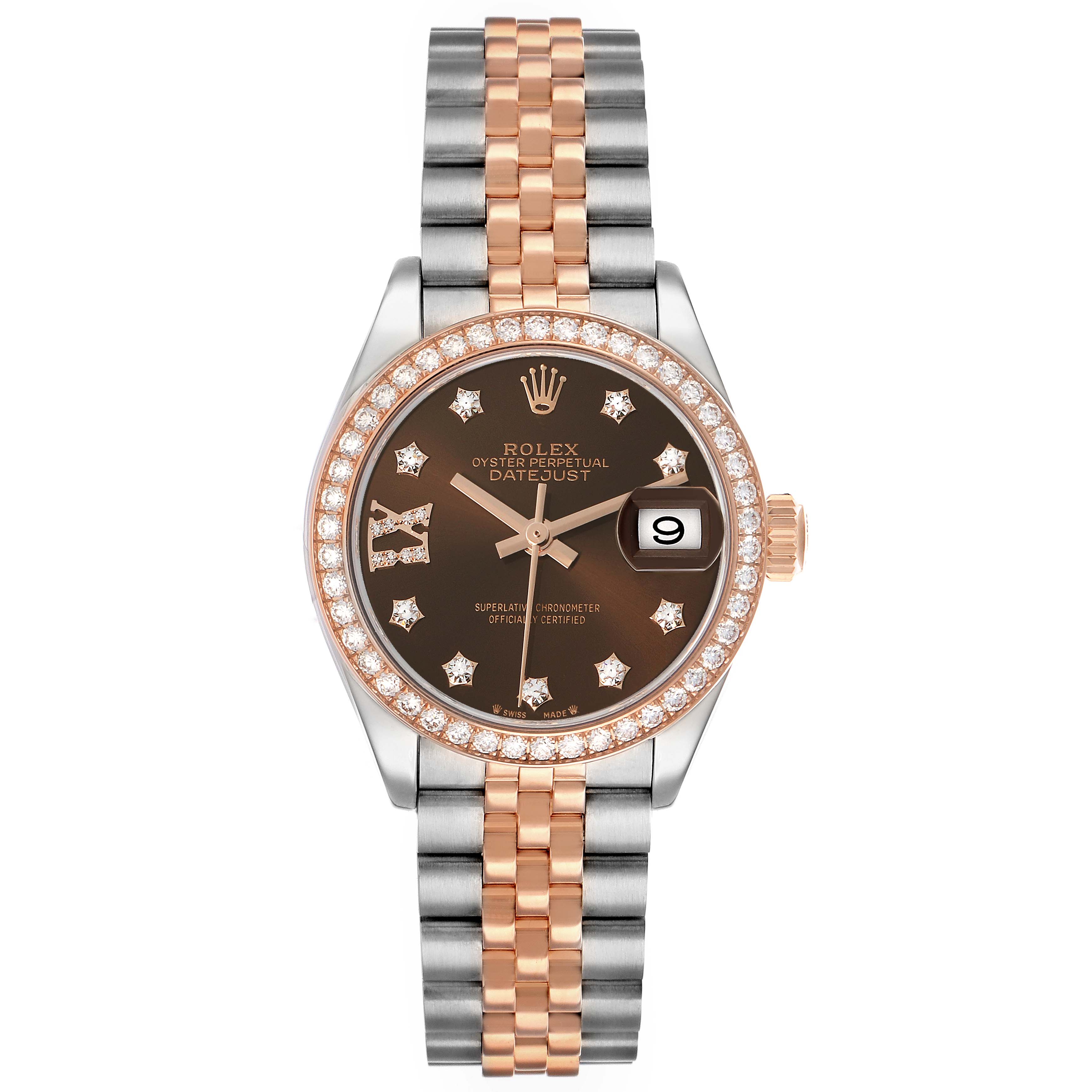 The Rolex Datejust 279381 Women's Steel and Gold (two tone) Brown Dial watch is shown from a top view, featuring a two-tone bracelet, diamond bezel, and brown dial with diamond markers.