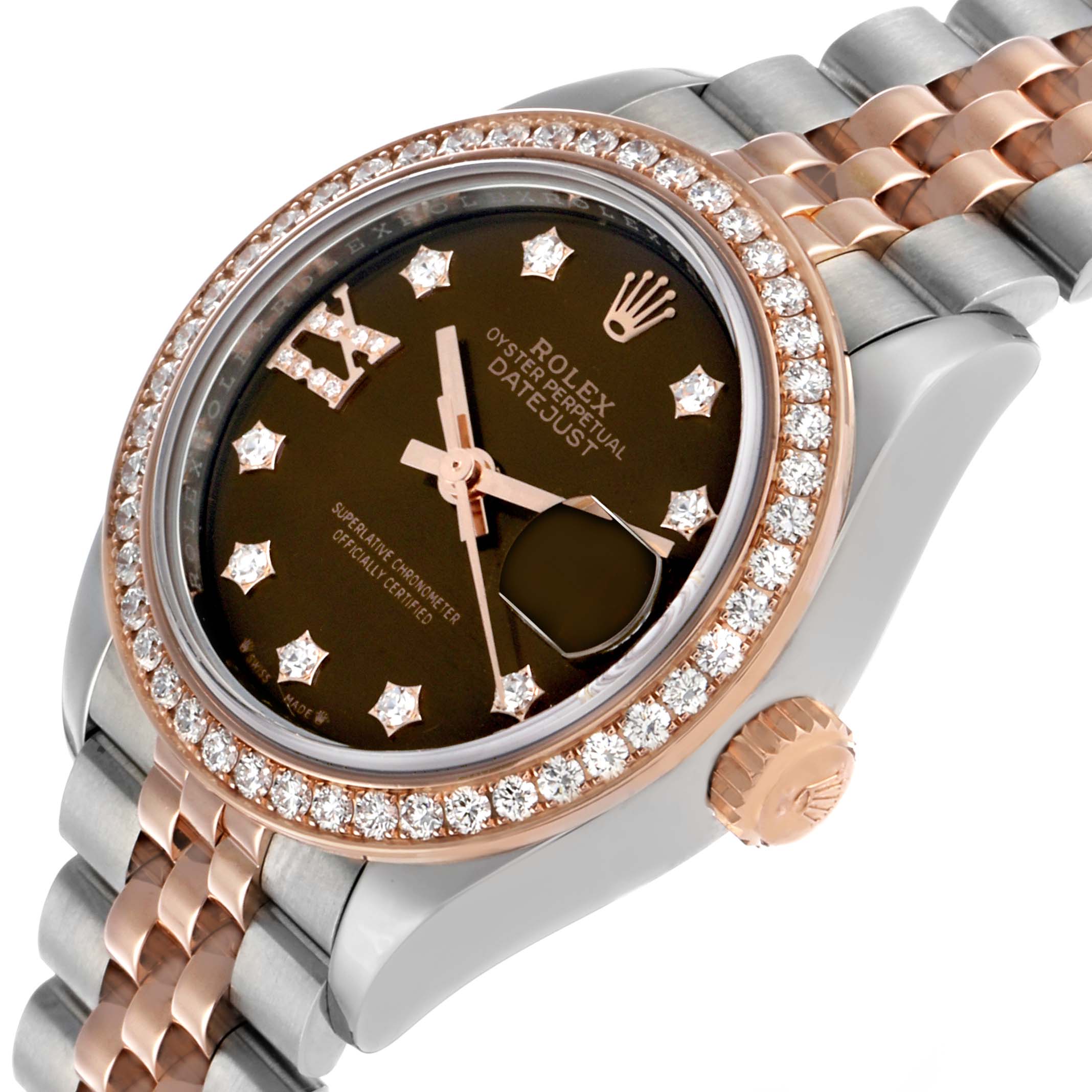The Rolex Datejust 279381 Women's Steel and Gold (two tone) Brown Dial is shown at an angled side view, highlighting its diamond-studded bezel, brown dial, crown, and bicolored bracelet.