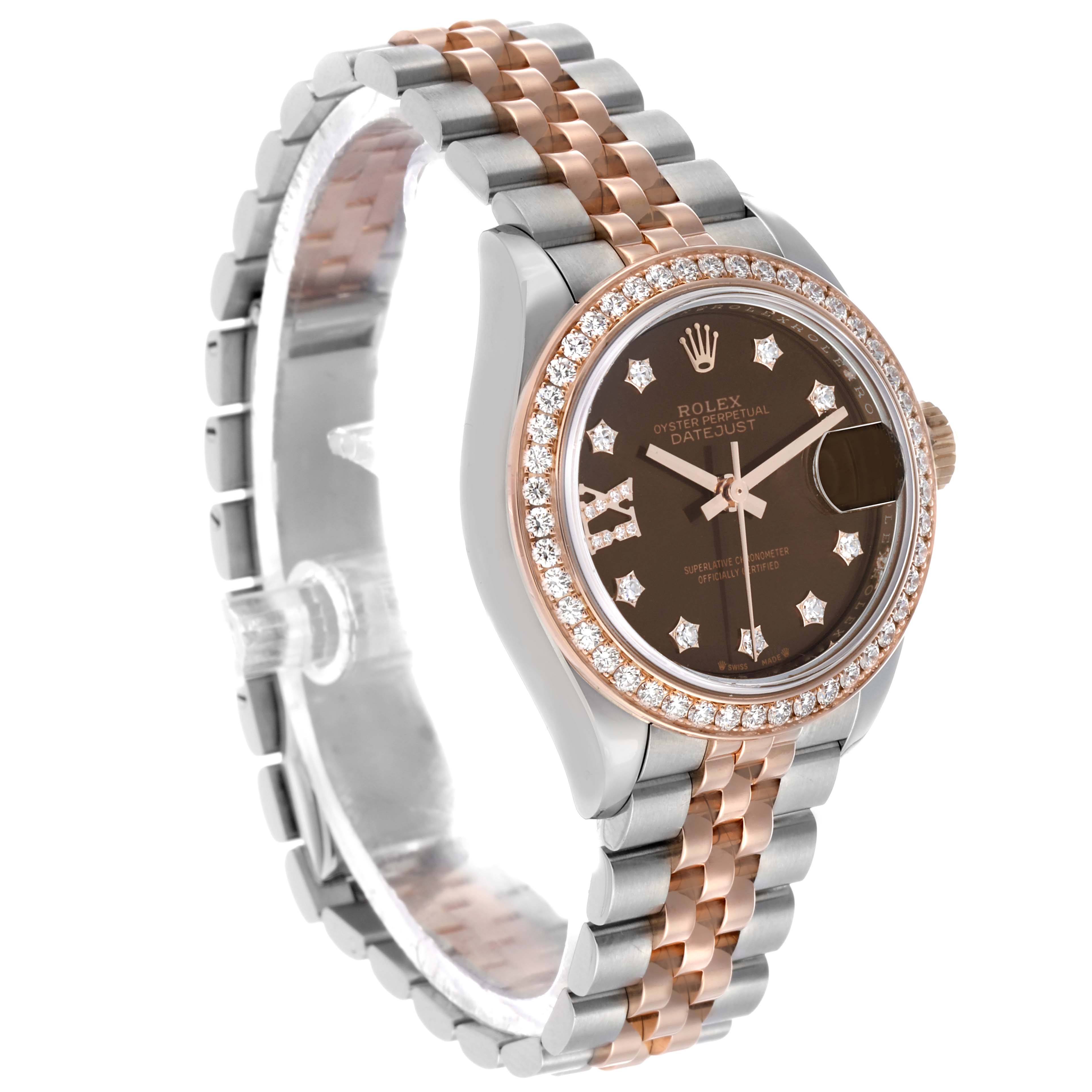 The Rolex Datejust 279381 Women's Steel and Gold (two tone) Brown Dial watch is shown at a three-quarter angle, highlighting its two-tone bracelet, diamond bezel, and dark dial with diamond markers.
