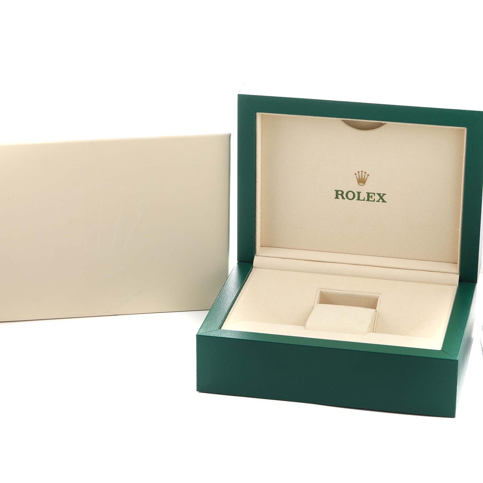 The image shows an open green and beige Rolex Datejust 279381 Women's Steel and Gold (two tone) Brown Dial watch box with the interior visible.