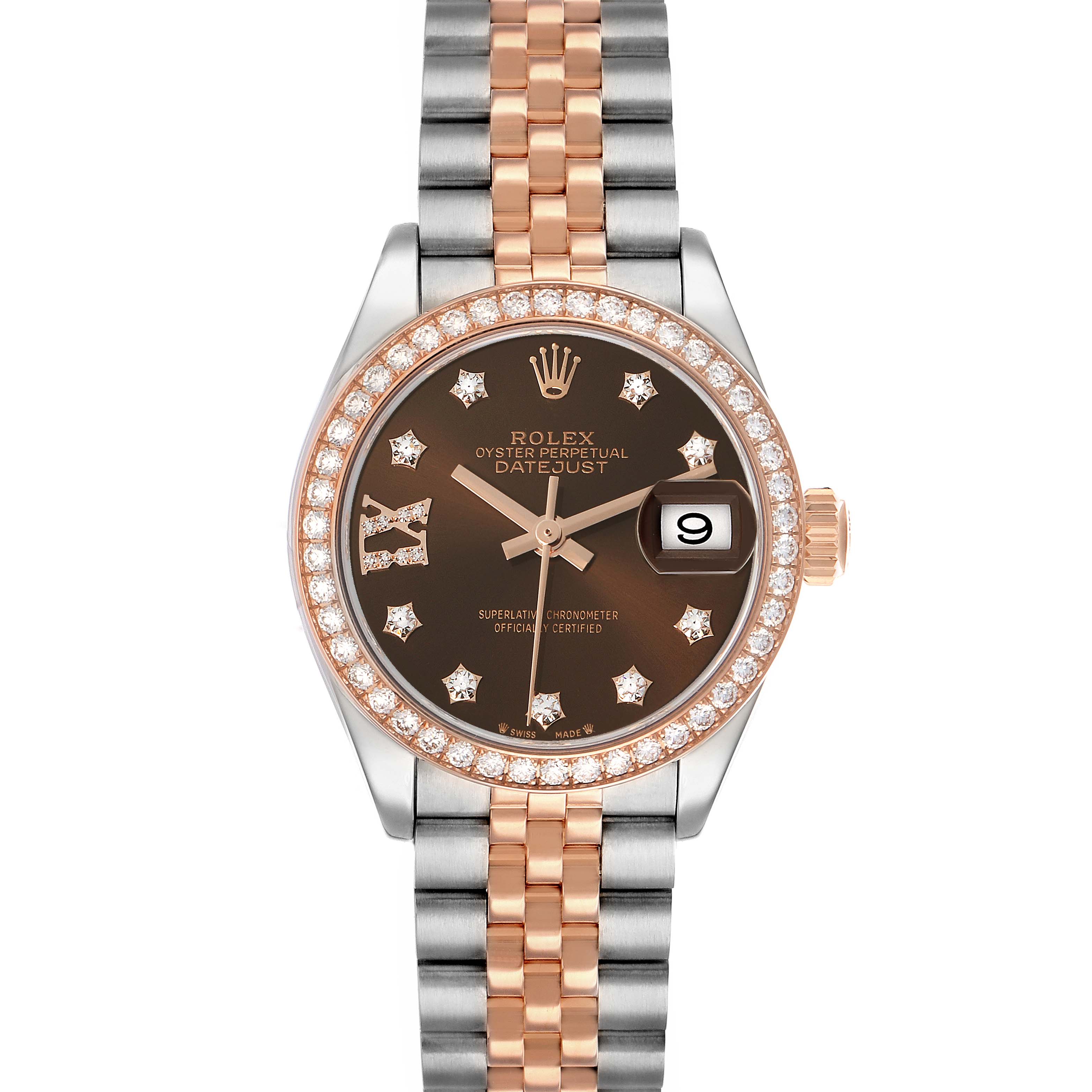 The Rolex Datejust 279381 Women's Steel and Gold (two tone) Brown Dial watch is shown from a top-down angle, displaying its brown dial, diamond markers, bezel, and two-tone bracelet.