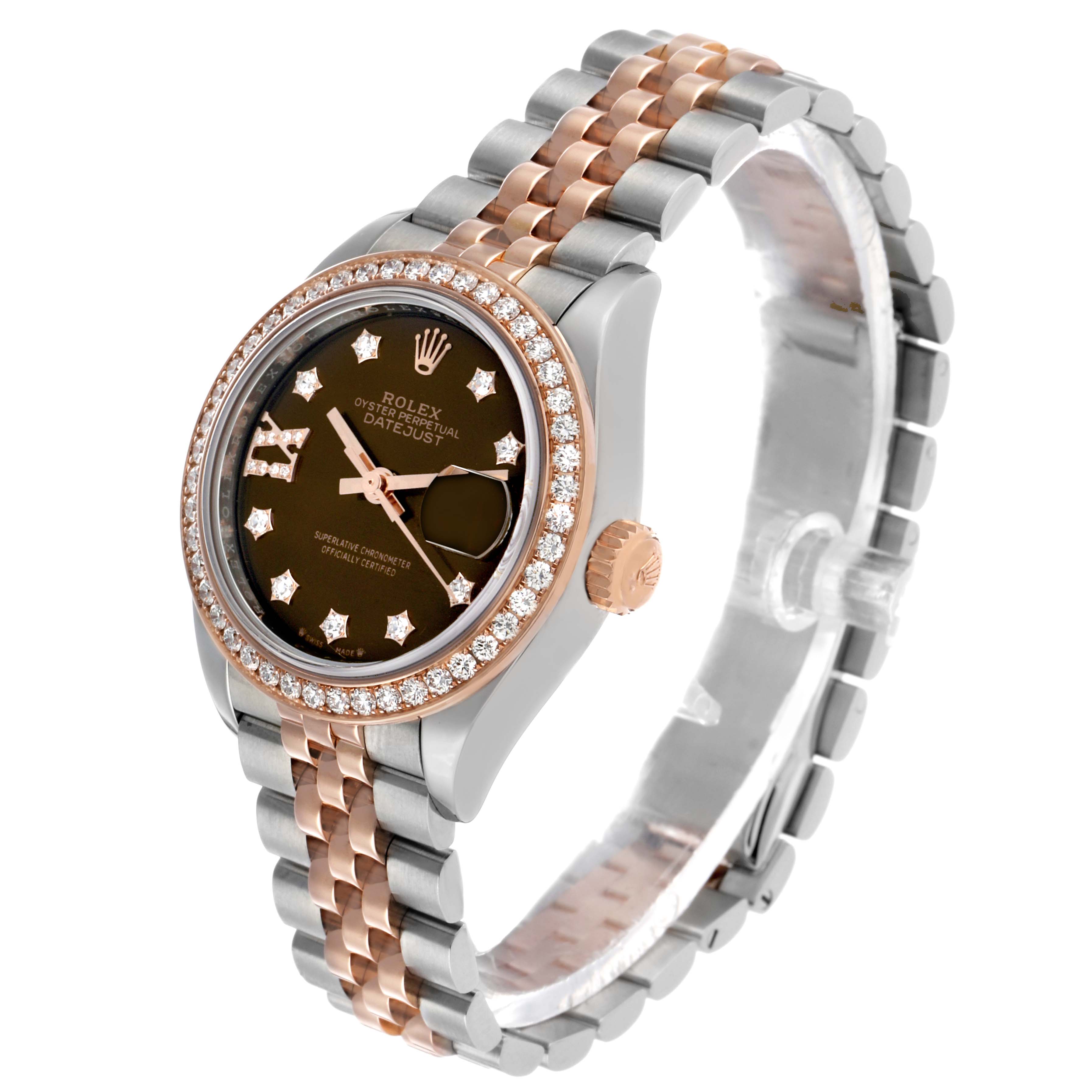 The Rolex Datejust 279381 Women's Steel and Gold (two tone) Brown Dial watch is shown at a three-quarter angle, displaying the bracelet, bezel, crown, and part of the dial.