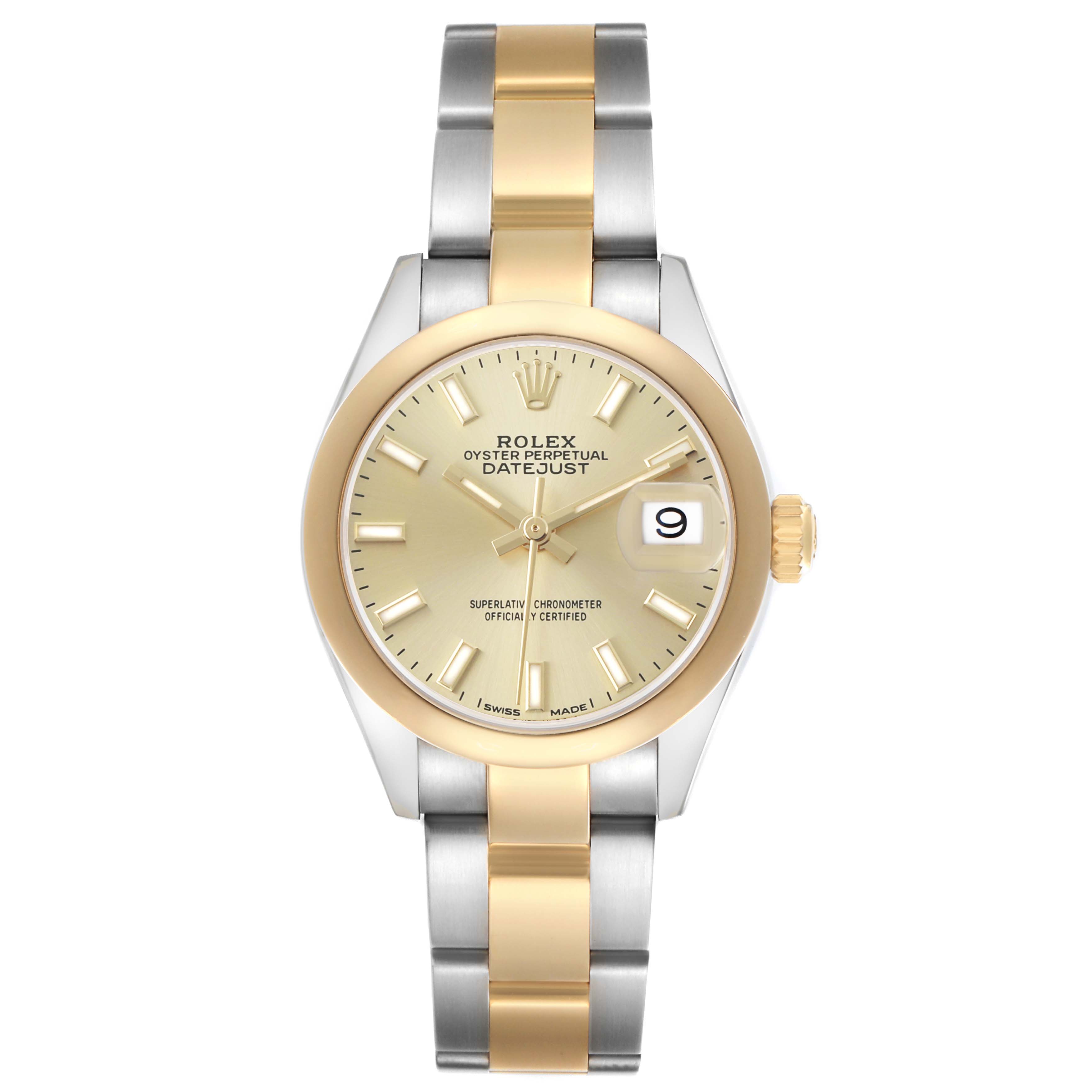 The Rolex Datejust 279163 Women's Steel and Gold (two tone) Champagne Dial watch is shown from the front, displaying the dial, bezel, and two-tone bracelet.