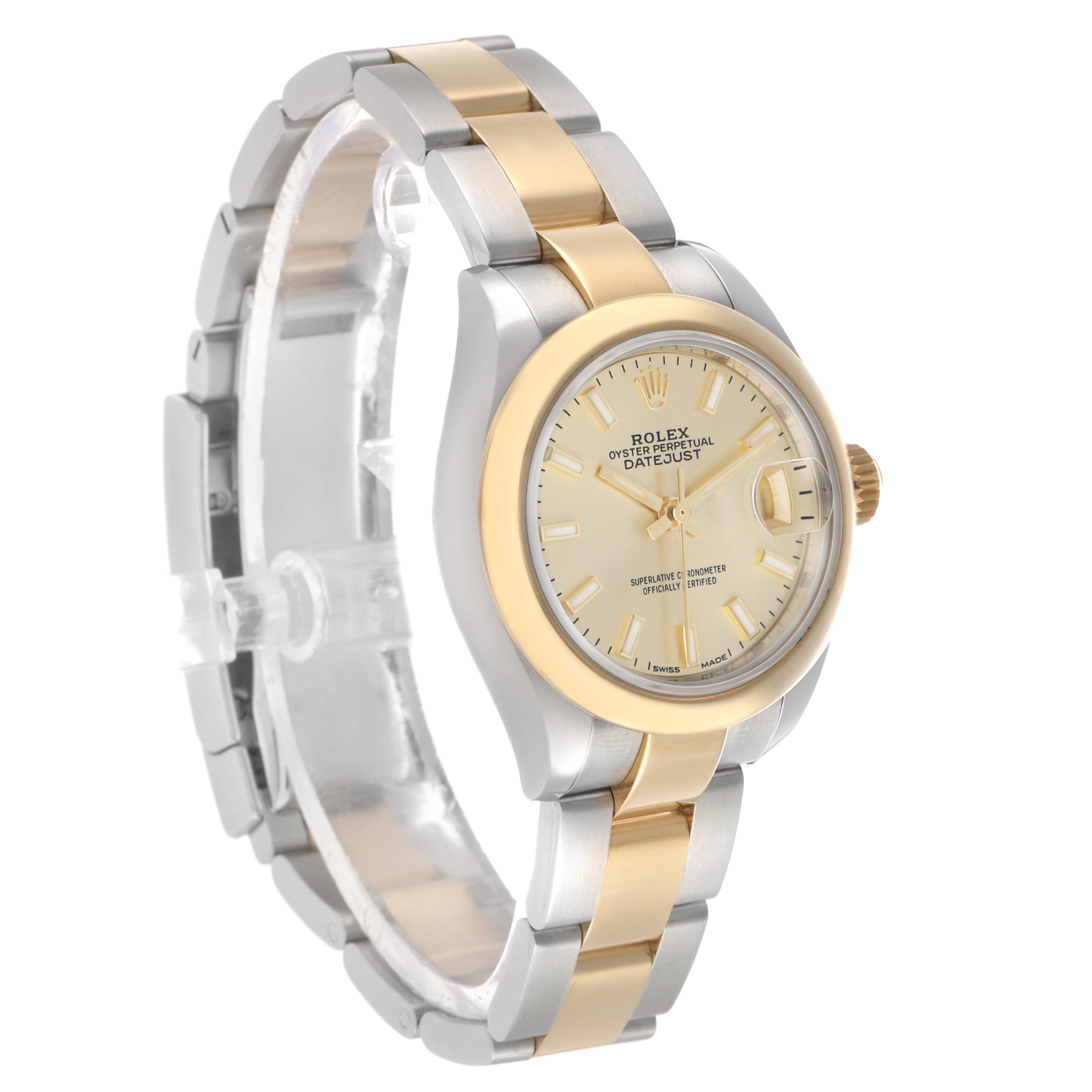 The Rolex Datejust 279163 Women's Steel and Gold (two tone) Champagne Dial watch is shown at a three-quarter angle, highlighting the two-tone bracelet and face.