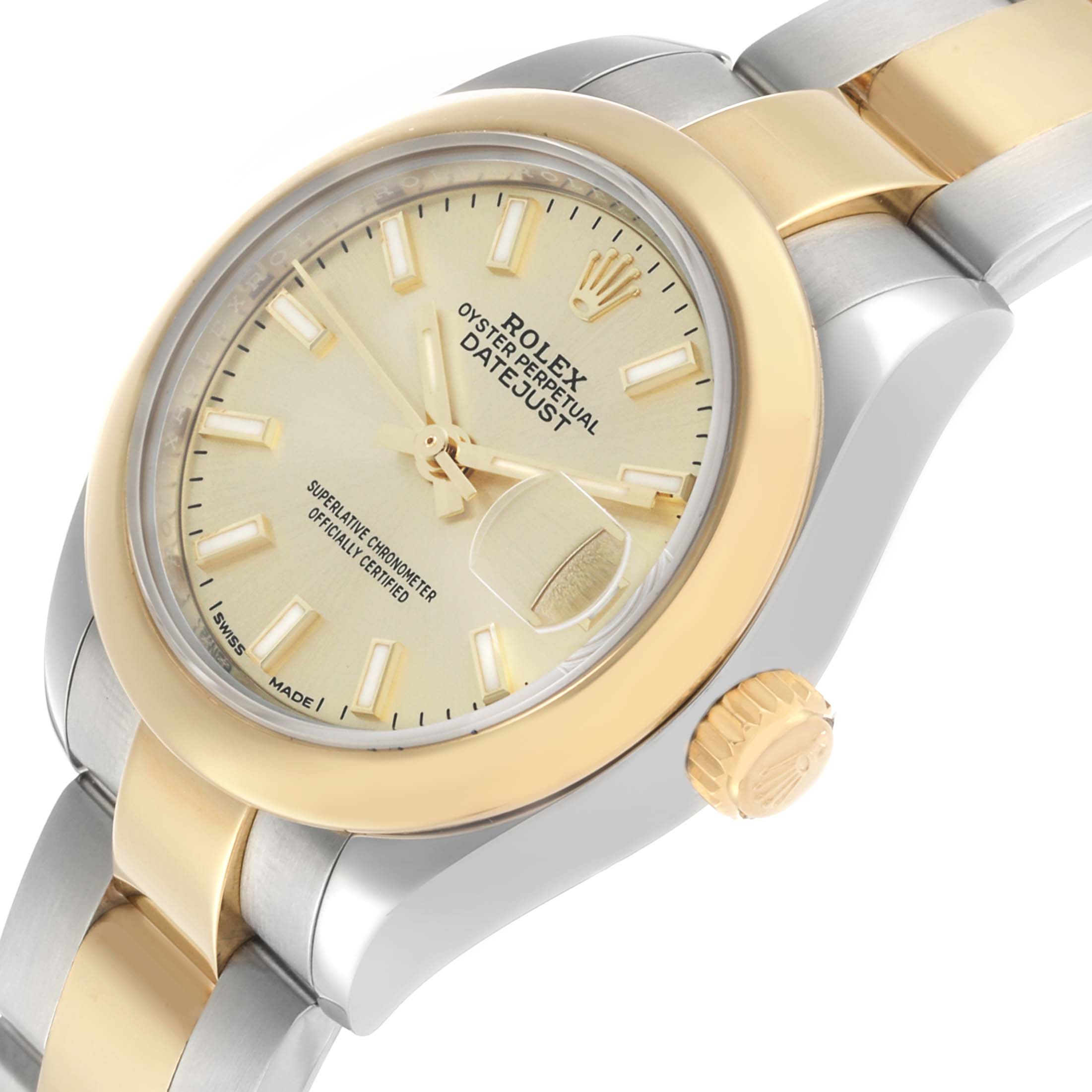 The Rolex Datejust 279163 Women's Steel and Gold (two tone) Champagne Dial watch is shown at an angle highlighting the dial, bracelet, bezel, and crown.