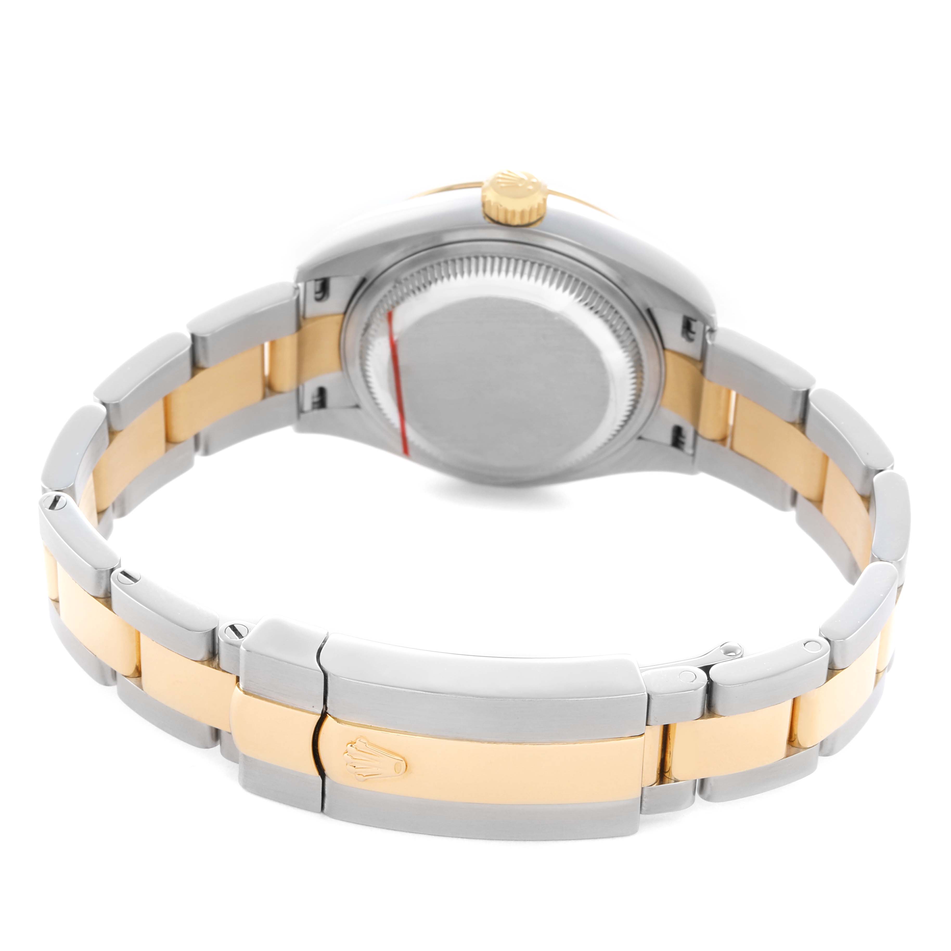 The Rolex Datejust 279163 Women's Steel and Gold (two tone) Champagne Dial is shown from the back, highlighting the case back and bracelet clasp.