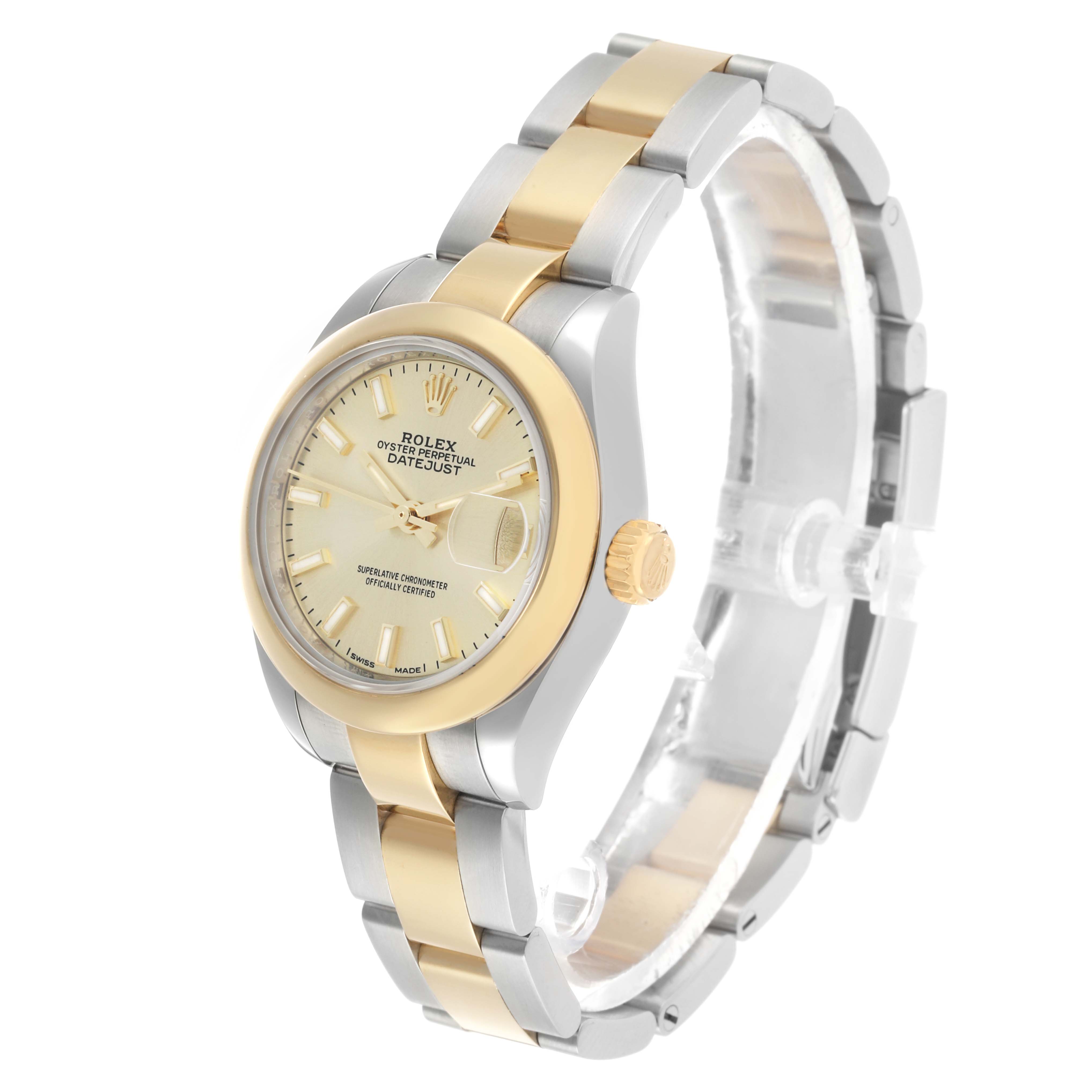 This image shows a side angle view of a Rolex Datejust 279163 Women's Steel and Gold (two tone) Champagne Dial, highlighting its two-tone bracelet, bezel, dial, and crown.