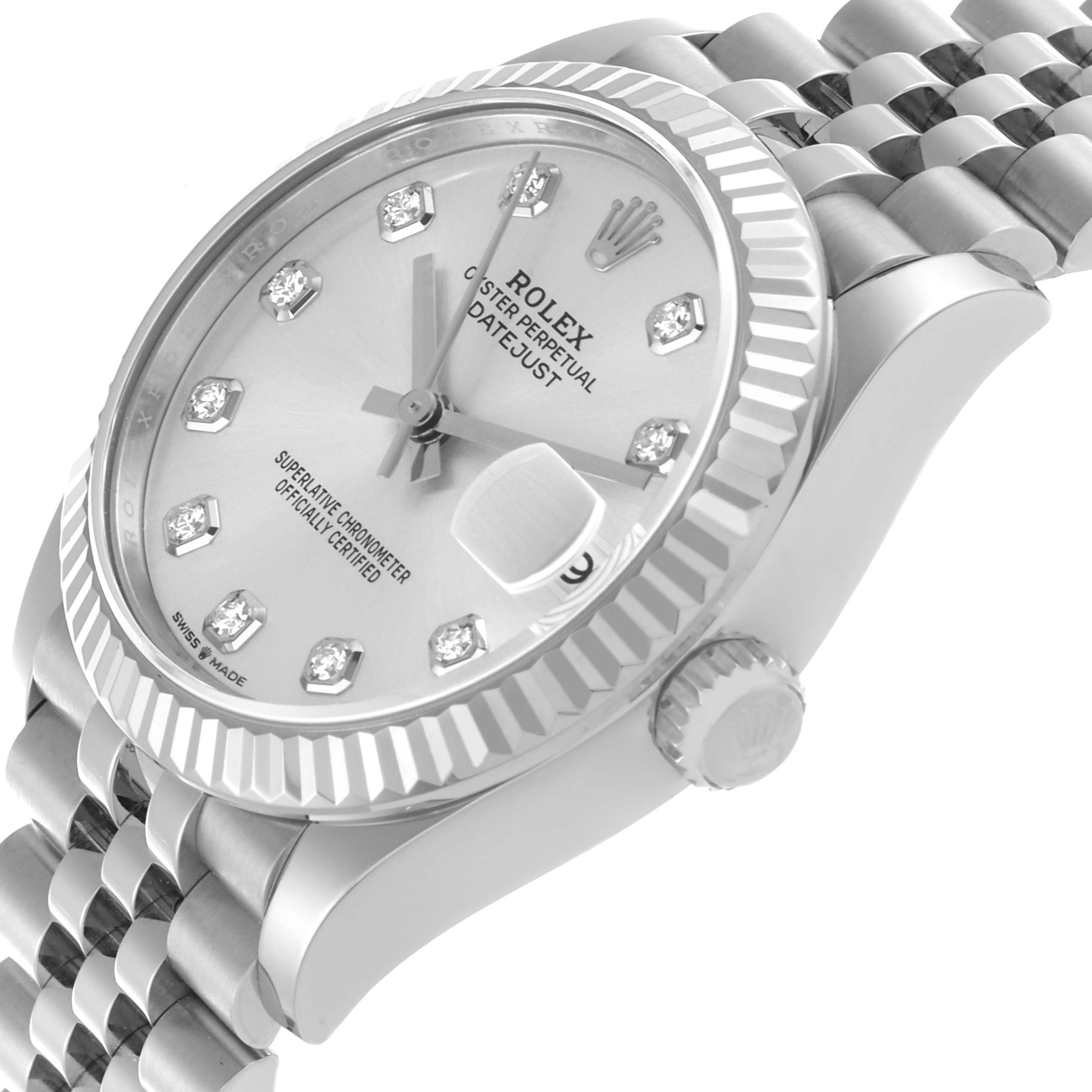 The Rolex Mid-Size 278274 Women's Stainless Steel Silver Dial 278274 Women's Stainless Steel Silver Dial watch is shown from a side angle, highlighting the face, bezel, crown, and part of the bracelet.