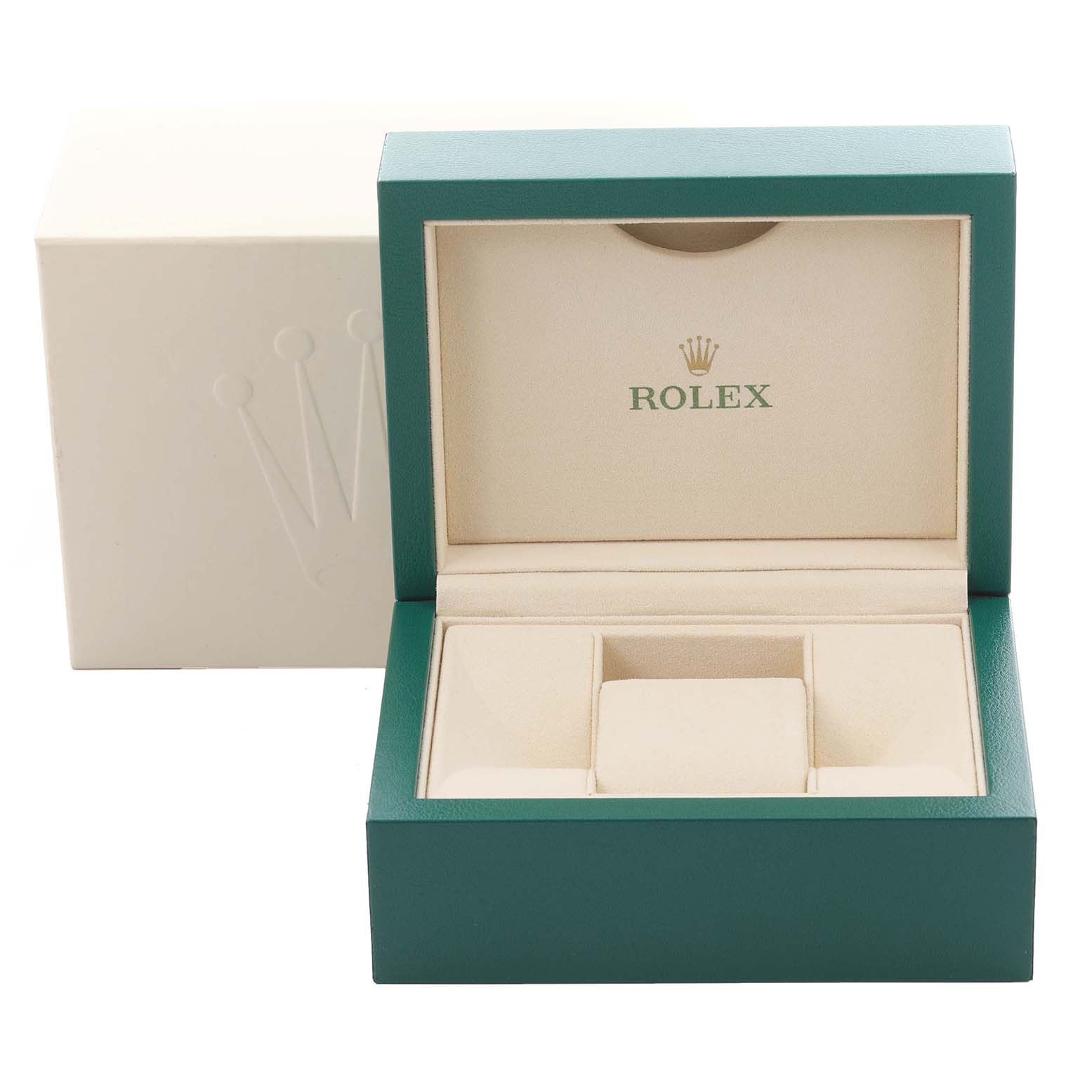 The image shows an open Rolex Mid-Size 278274 Women's Stainless Steel Silver Dial 278274 Women's Stainless Steel Silver Dial watch box from a front angle, displaying its padded interior.