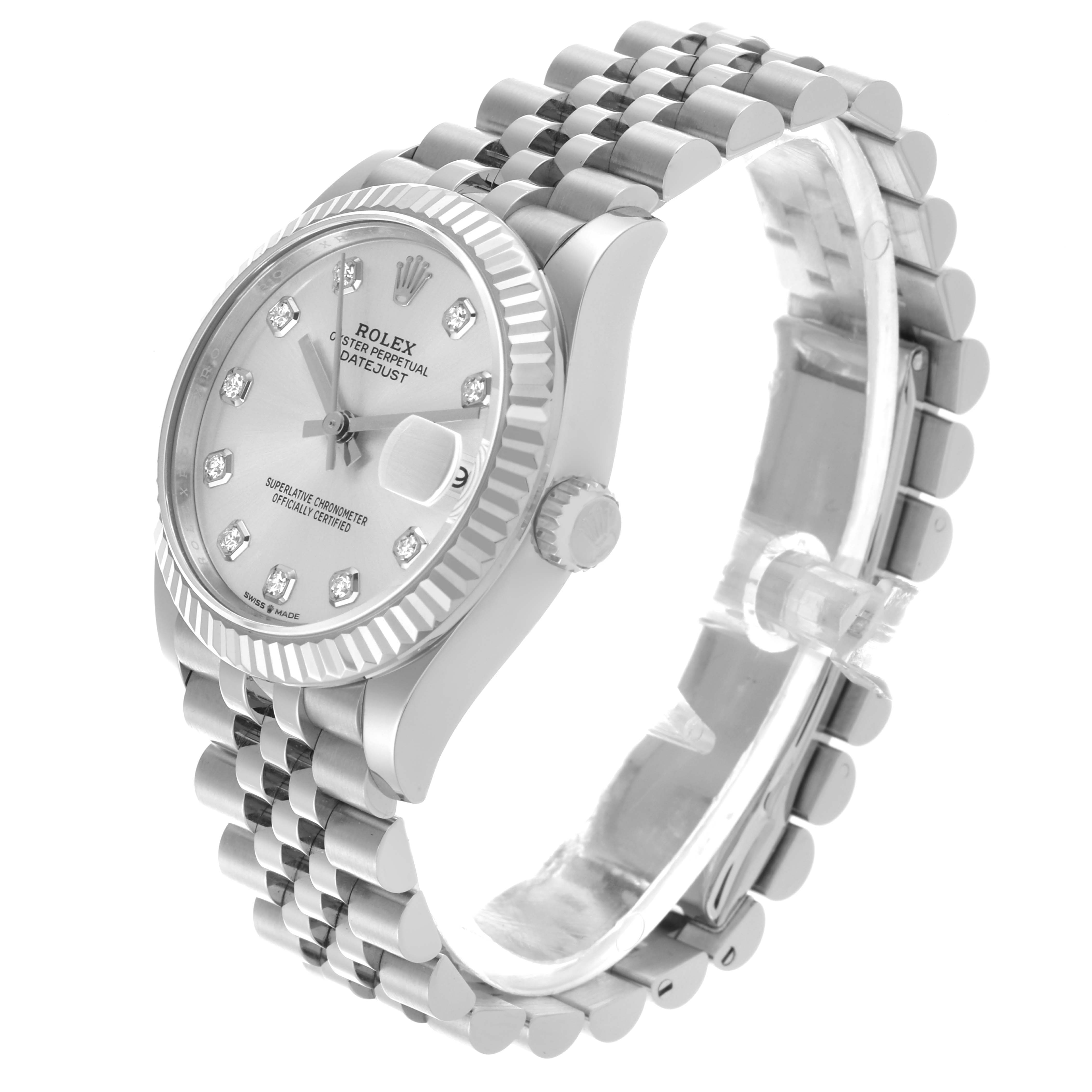 The Rolex Mid-Size 278274 Women's Stainless Steel Silver Dial 278274 Women's Stainless Steel Silver Dial model is shown at an angled side view, displaying the dial, bezel, and bracelet.
