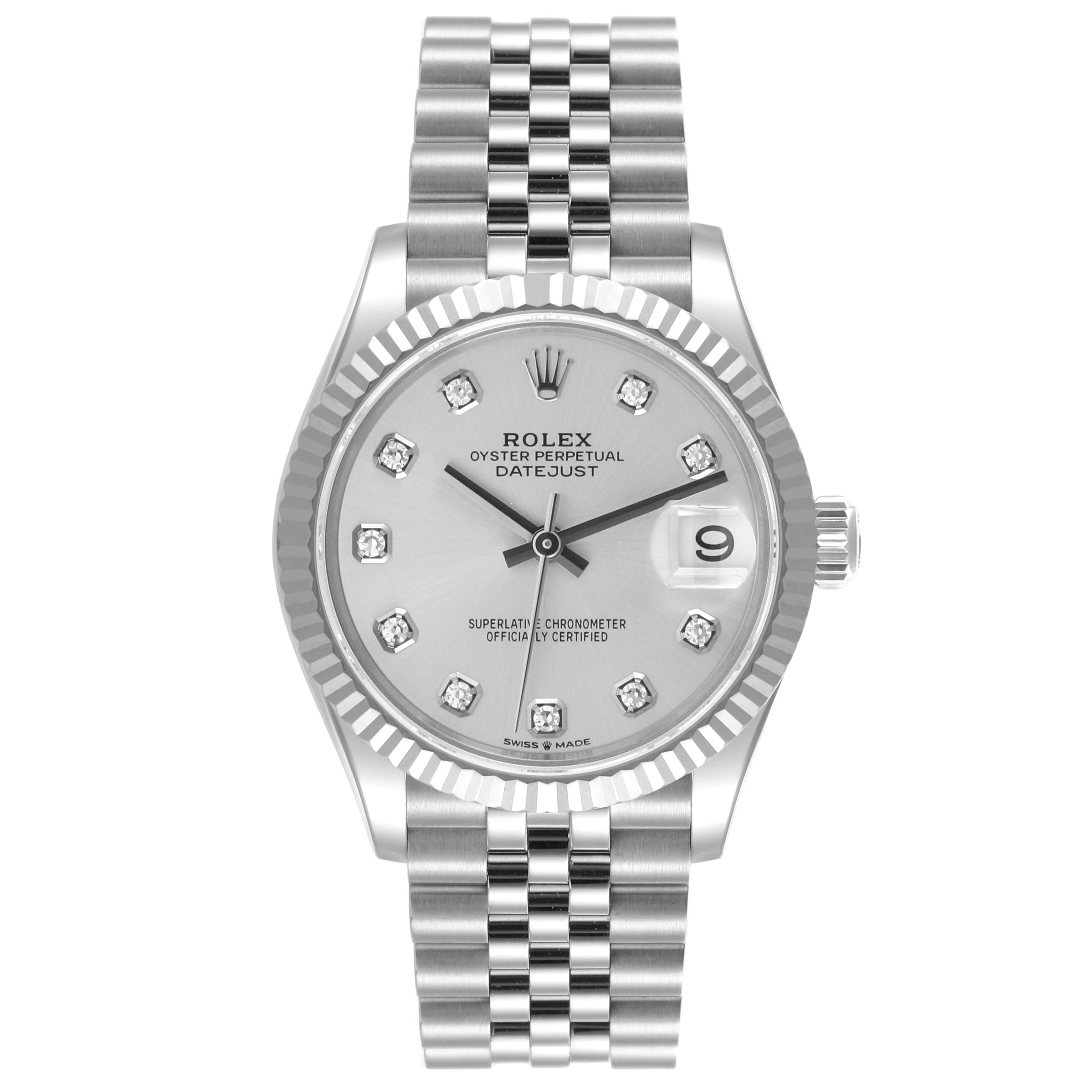 The Rolex Oyster Perpetual Datejust Mid-Size watch is shown from a front angle, displaying the dial, bezel, and bracelet.