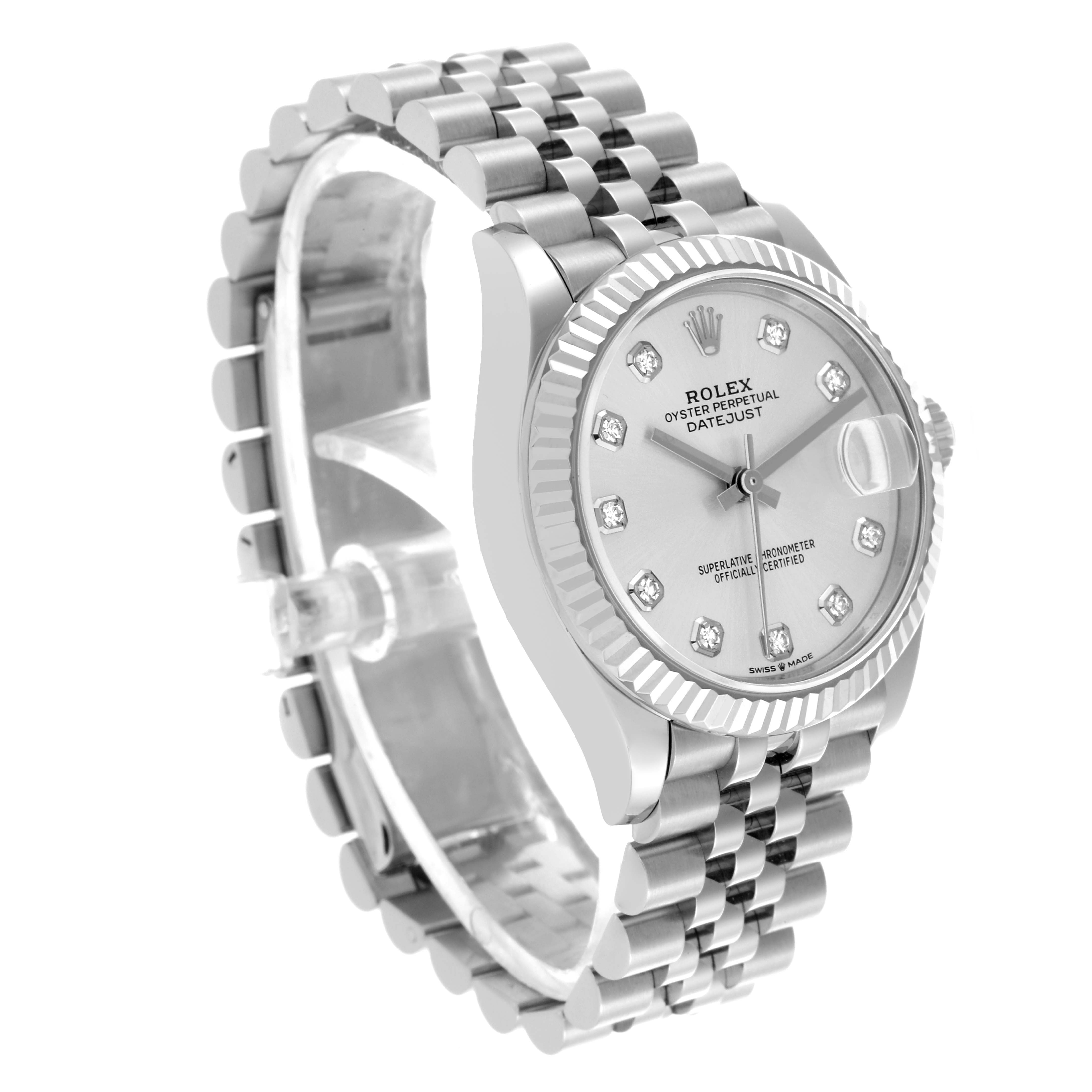 The Rolex Mid-Size 278274 Women's Stainless Steel Silver Dial 278274 Women's Stainless Steel Silver Dial watch is shown at a three-quarter angle, displaying the face, bezel, and part of the bracelet.