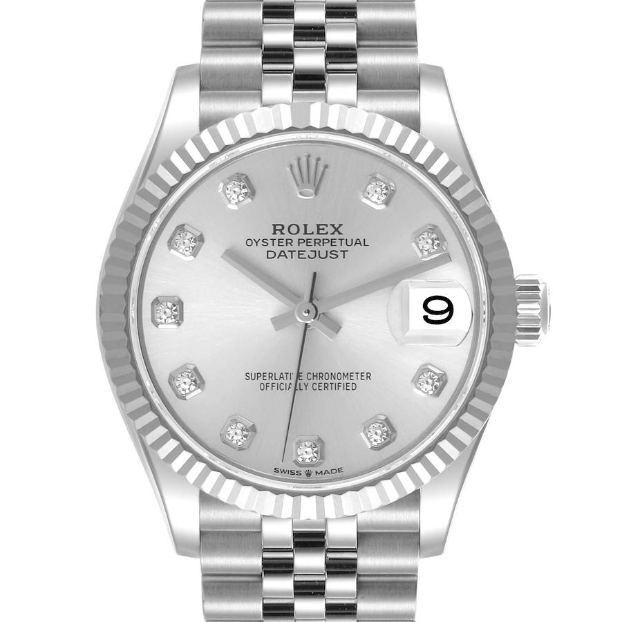 The Rolex Mid-Size Datejust is shown from a front angle, displaying the watch face, bezel, and part of the bracelet.