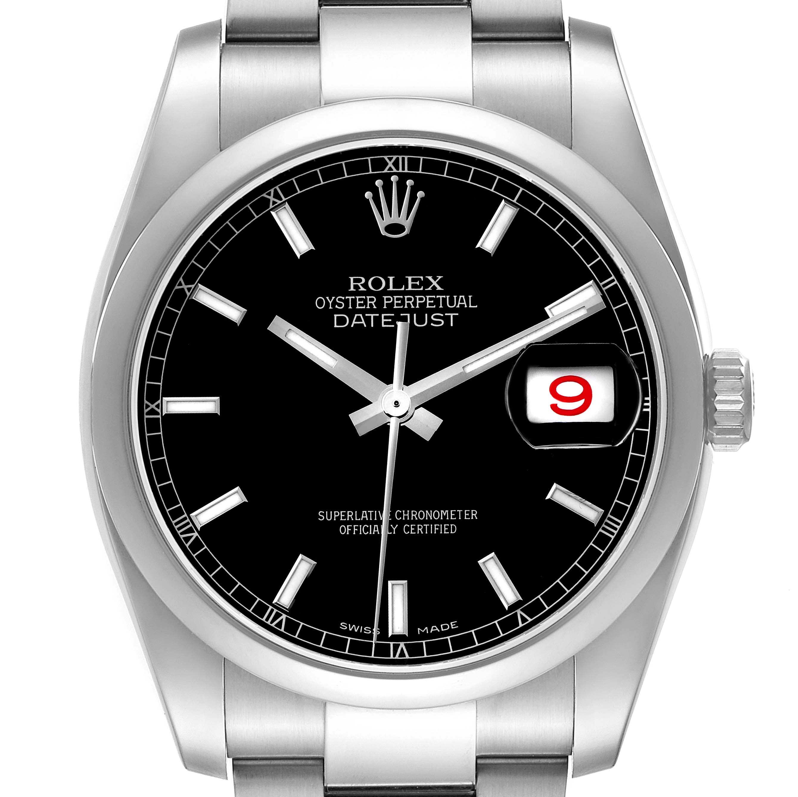 The Rolex Datejust 116200 Men's Stainless Steel Black Dial 116200 Men's Stainless Steel Black Dial watch is shown from the front, displaying the face, bezel, and part of the bracelet.
