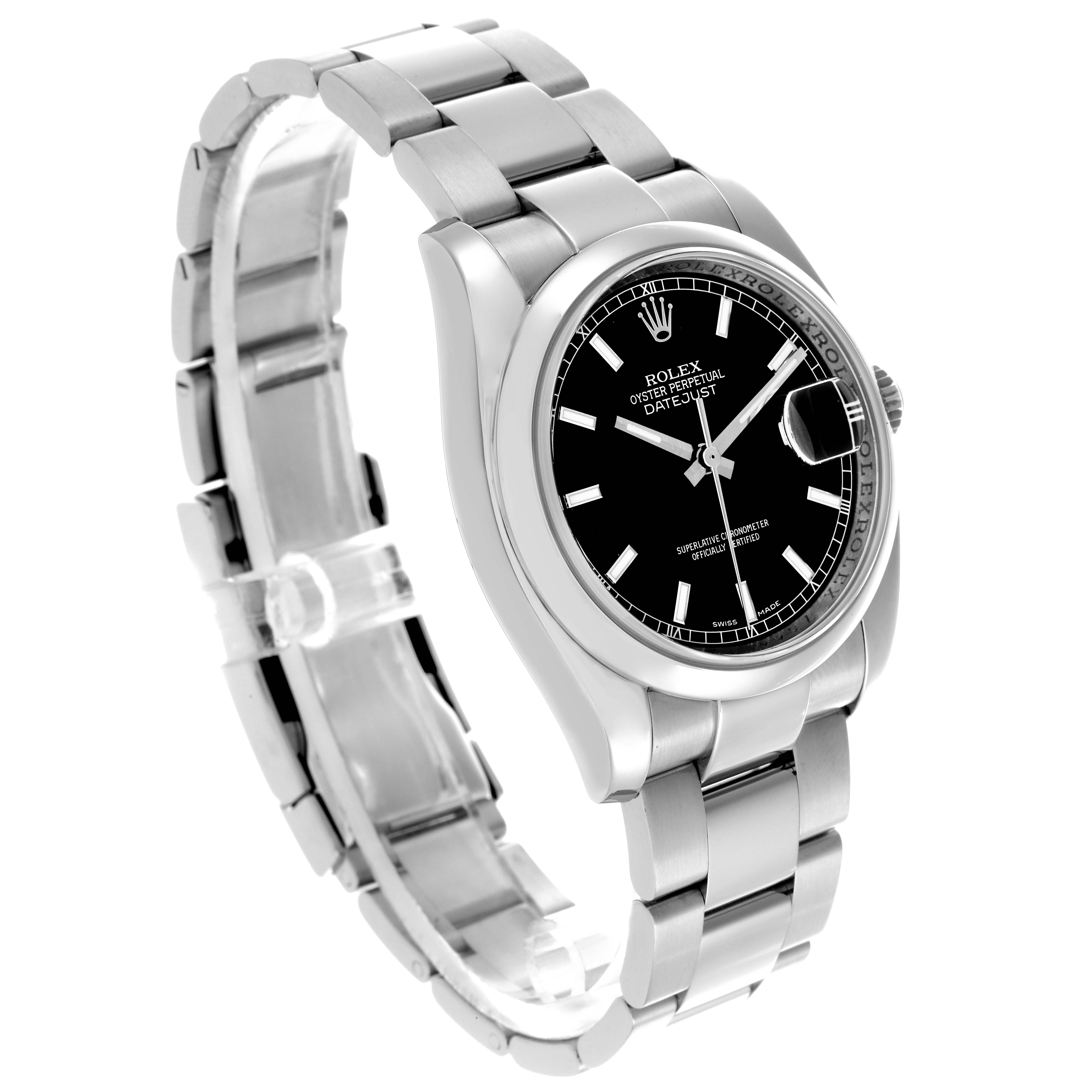 The Rolex Datejust 116200 Men's Stainless Steel Black Dial 116200 Men's Stainless Steel Black Dial watch is shown at a slight angle, highlighting the face, bezel, crown, and part of the bracelet.