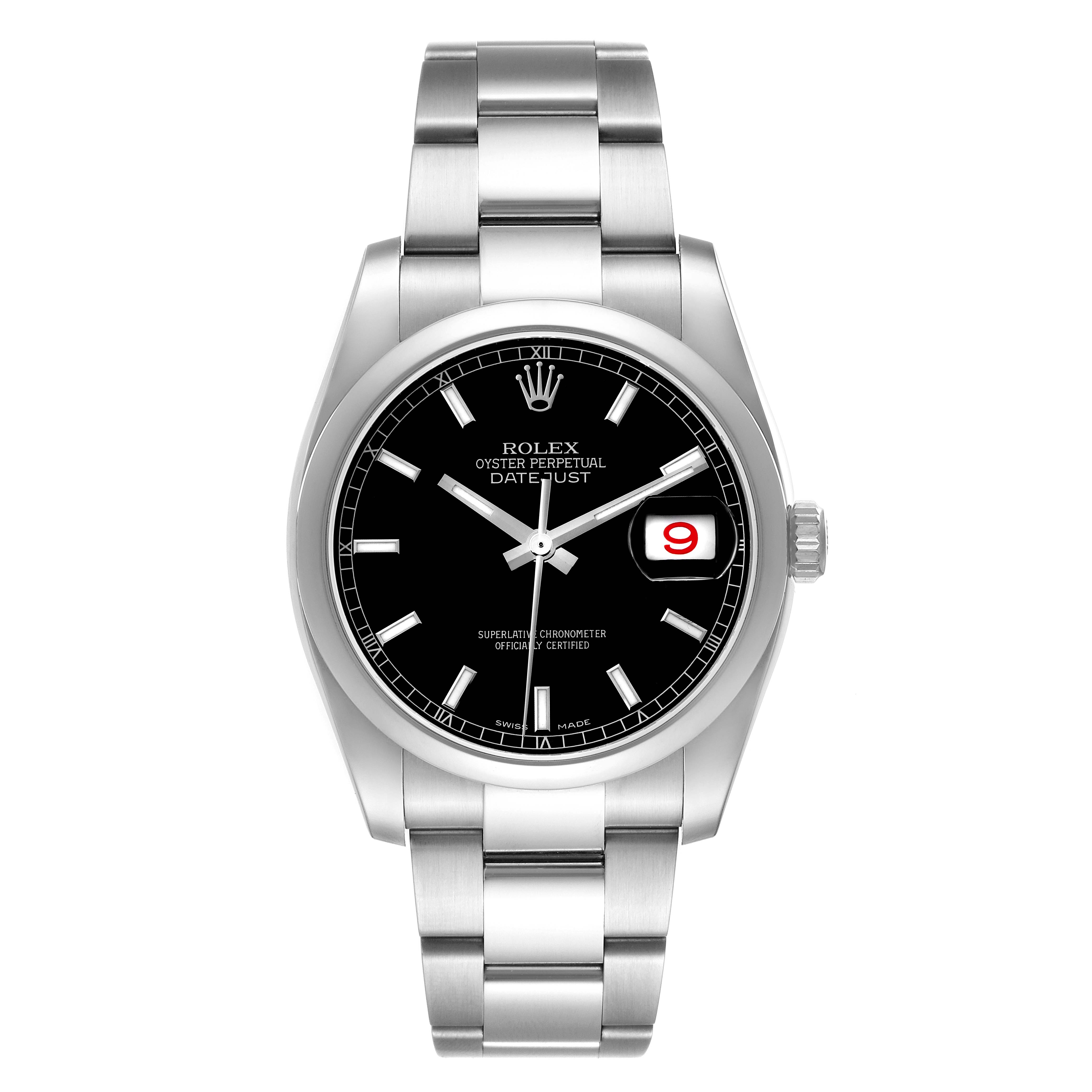 The Rolex Datejust 116200 Men's Stainless Steel Black Dial 116200 Men's Stainless Steel Black Dial watch is shown from a front angle, displaying the dial, bezel, bracelet, and date window.