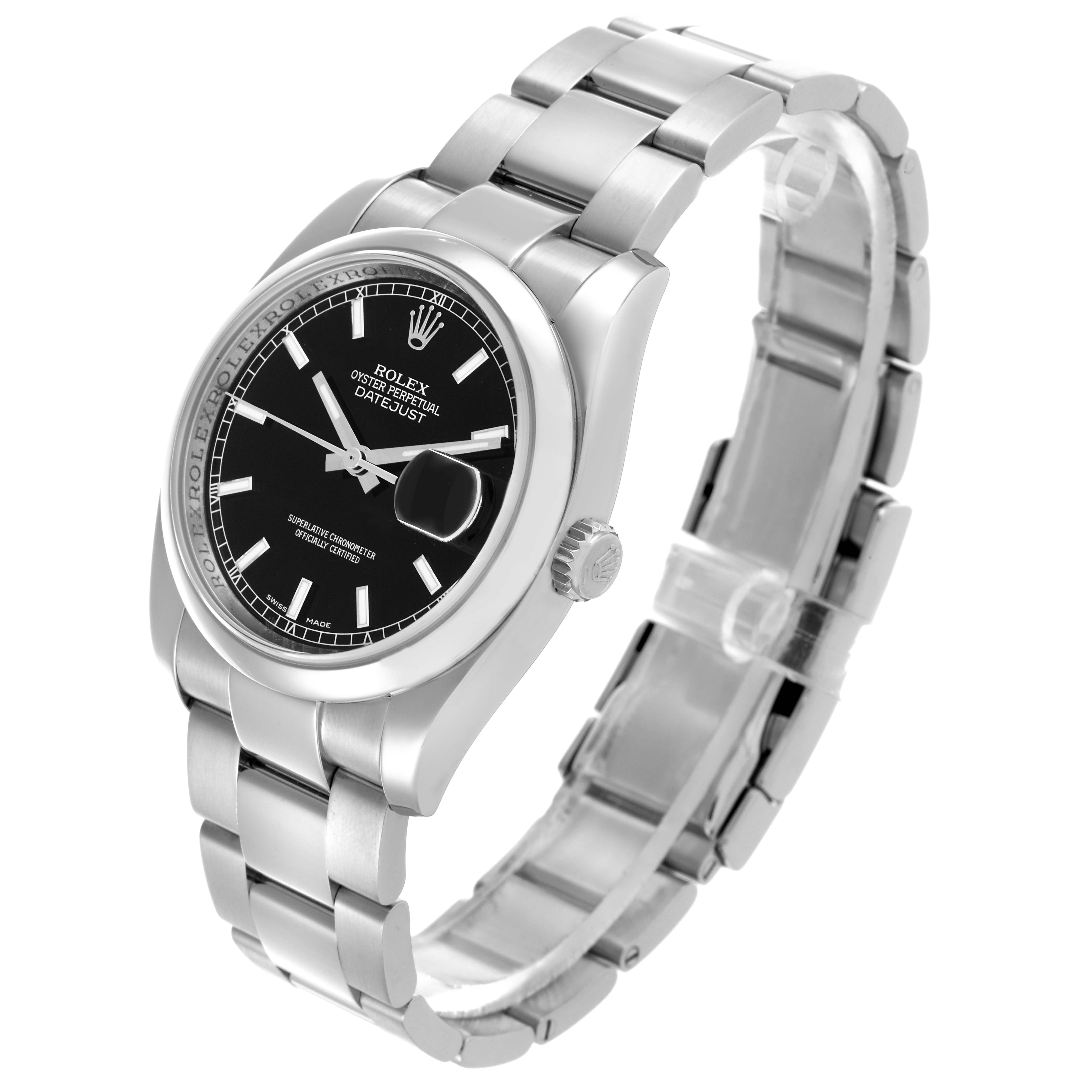 The Rolex Datejust 116200 Men's Stainless Steel Black Dial 116200 Men's Stainless Steel Black Dial watch is shown at a three-quarter angle highlighting the case, dial, crown, and bracelet.