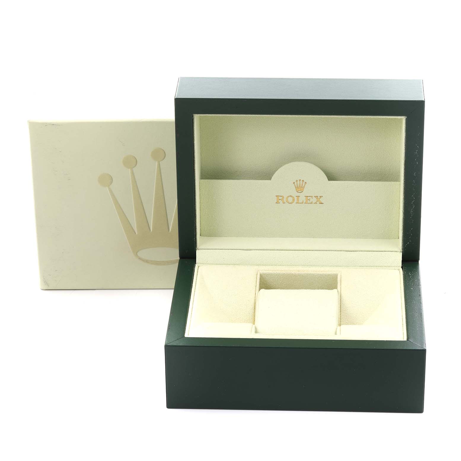 The image shows an open Rolex Datejust 116200 Men's Stainless Steel Black Dial 116200 Men's Stainless Steel Black Dial watch box with a cushioned interior and the Rolex logo on the lid.