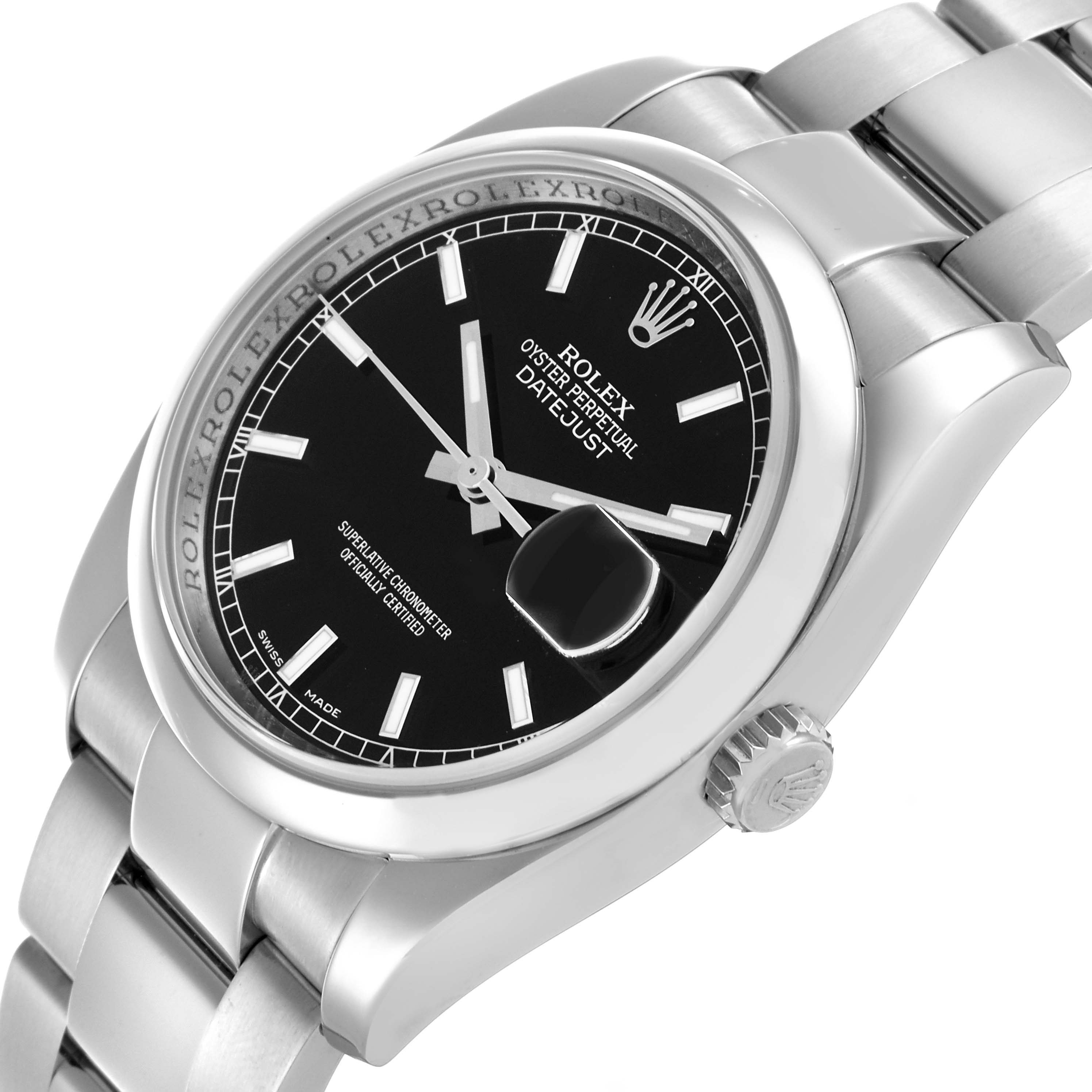 The Rolex Datejust 116200 Men's Stainless Steel Black Dial 116200 Men's Stainless Steel Black Dial watch is shown at a three-quarter angle, highlighting the face, bezel, crown, and bracelet.