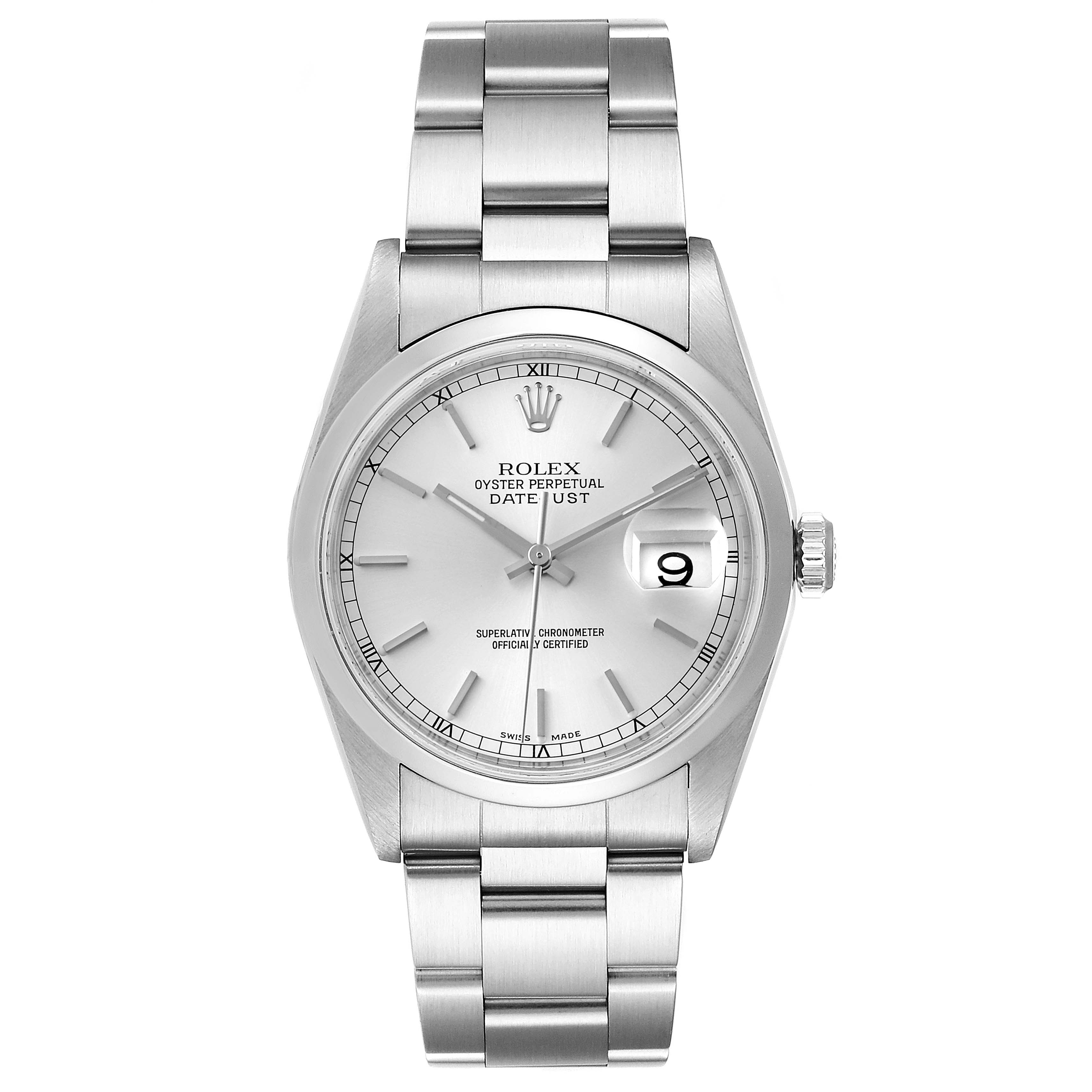 This is a front view of a Rolex Datejust 16200 Men's Stainless Steel Silver Dial 16200 Men's Stainless Steel Silver Dial watch showing the face, dial, hands, bracelet, and crown.