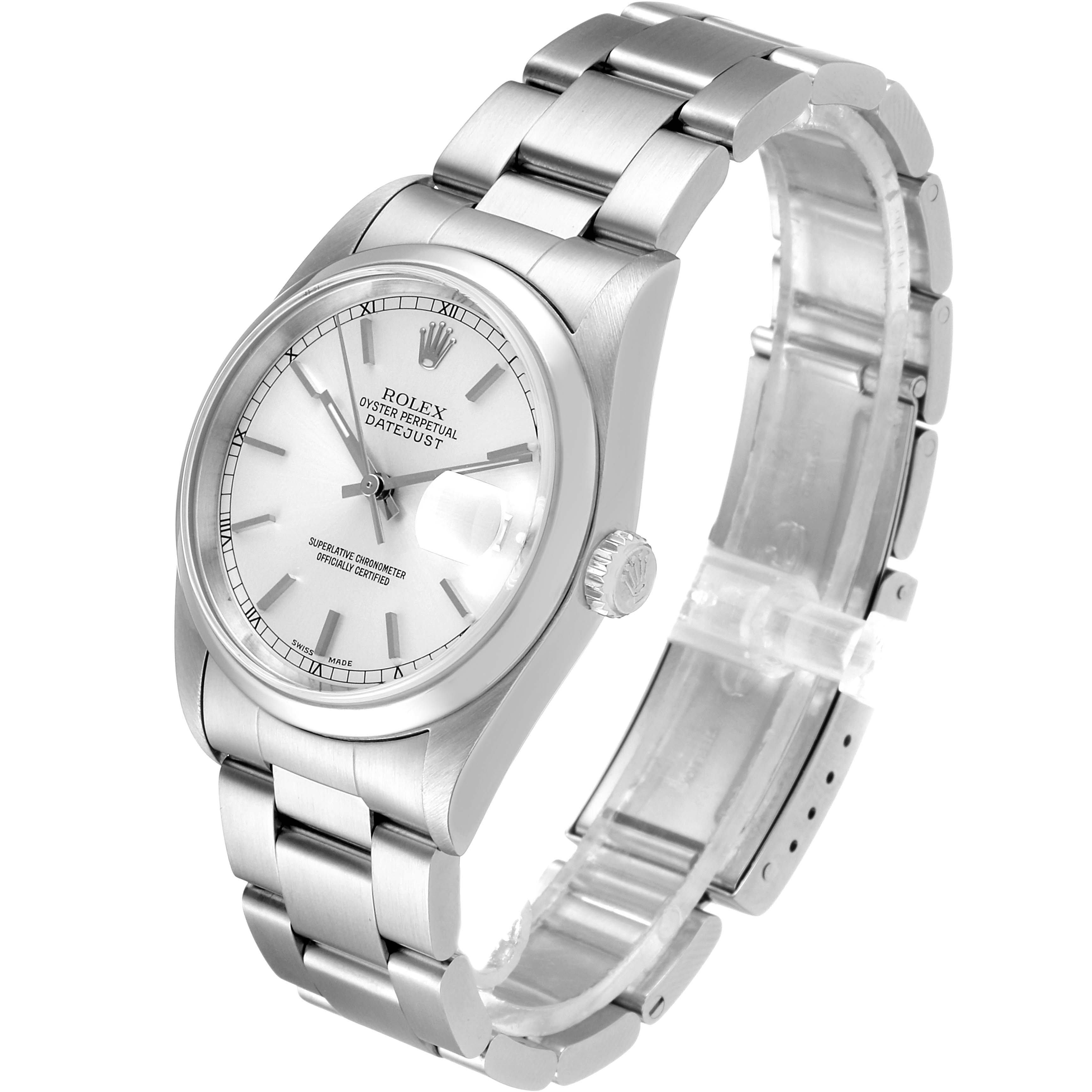 This image shows a Rolex Datejust 16200 Men's Stainless Steel Silver Dial 16200 Men's Stainless Steel Silver Dial watch at a slight side angle, highlighting its bracelet, dial, and crown.
