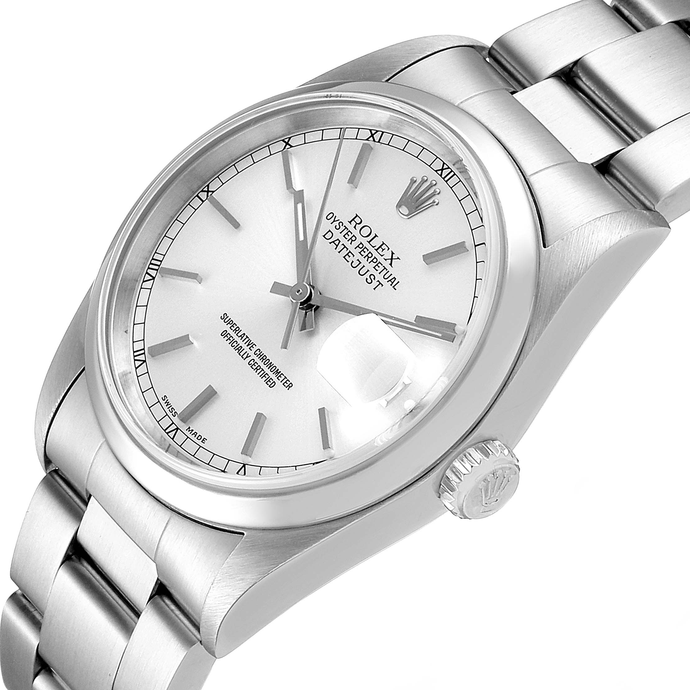 The image shows a silver Rolex Datejust 16200 Men's Stainless Steel Silver Dial 16200 Men's Stainless Steel Silver Dial watch from a slight side angle, displaying its dial, crown, and bracelet.