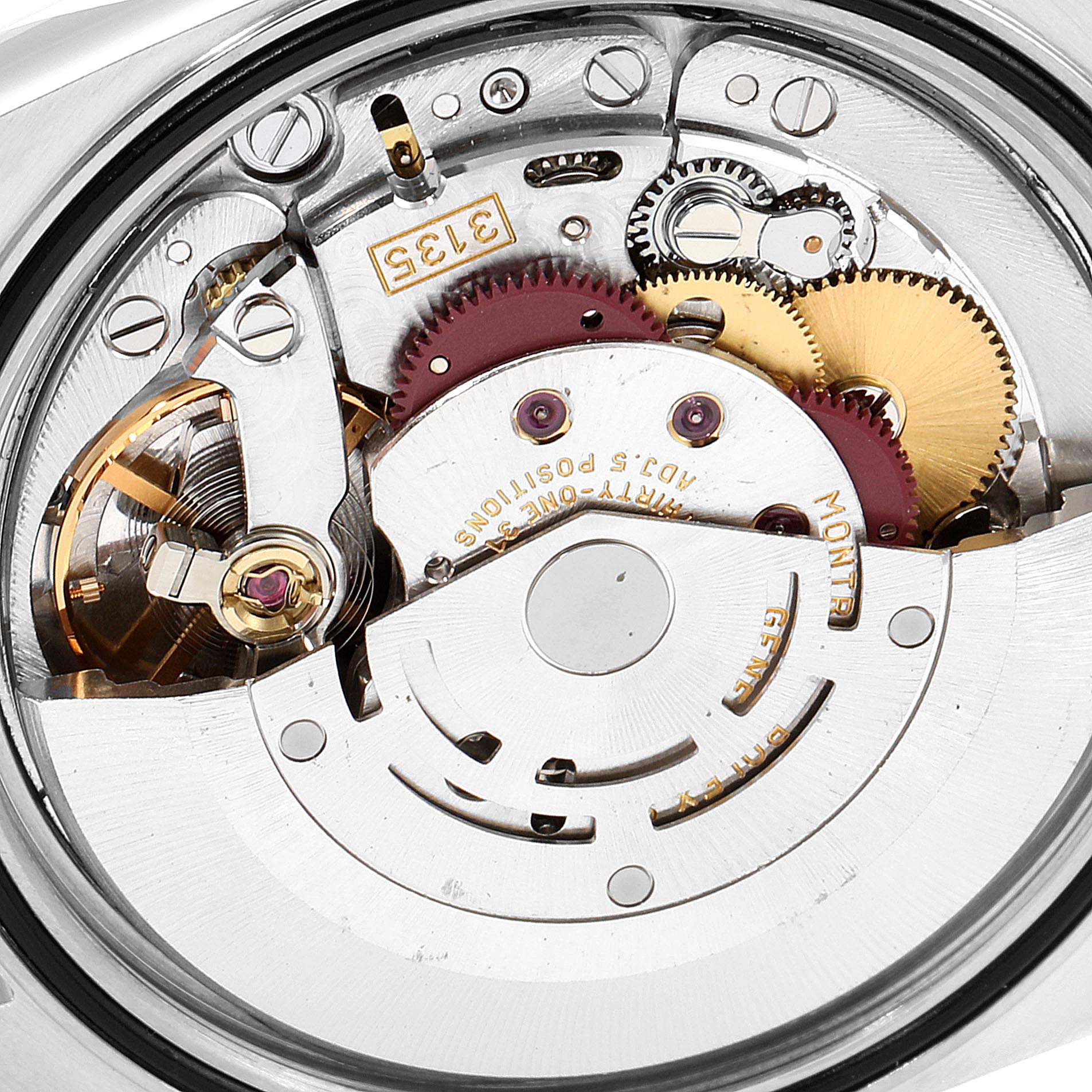 This image shows a close-up of the movement and inner mechanism of a Rolex Datejust 16200 Men's Stainless Steel Silver Dial 16200 Men's Stainless Steel Silver Dial model.