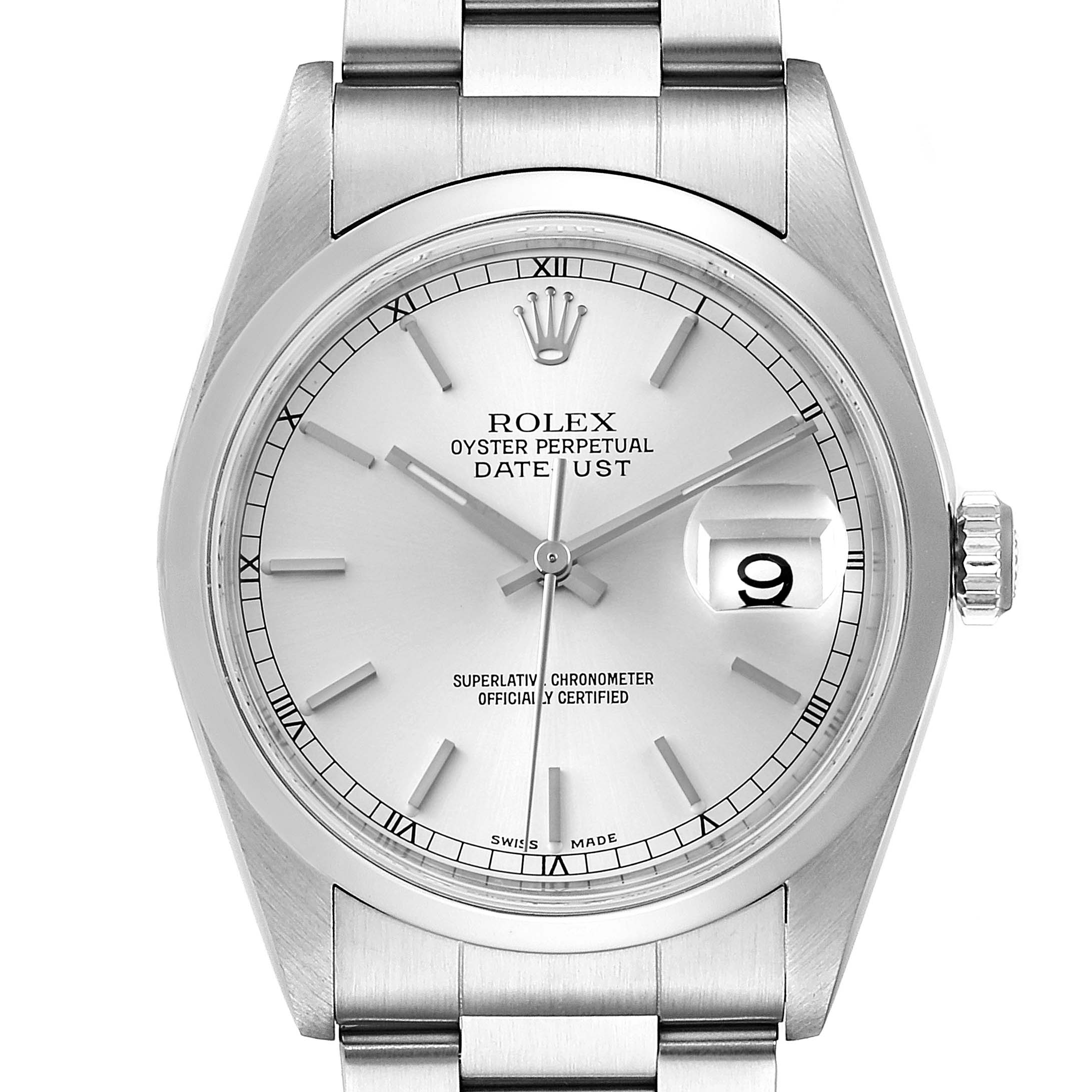This image shows the front view of a Rolex Datejust 16200 Men's Stainless Steel Silver Dial 16200 Men's Stainless Steel Silver Dial watch, highlighting the dial, bezel, and part of the bracelet.
