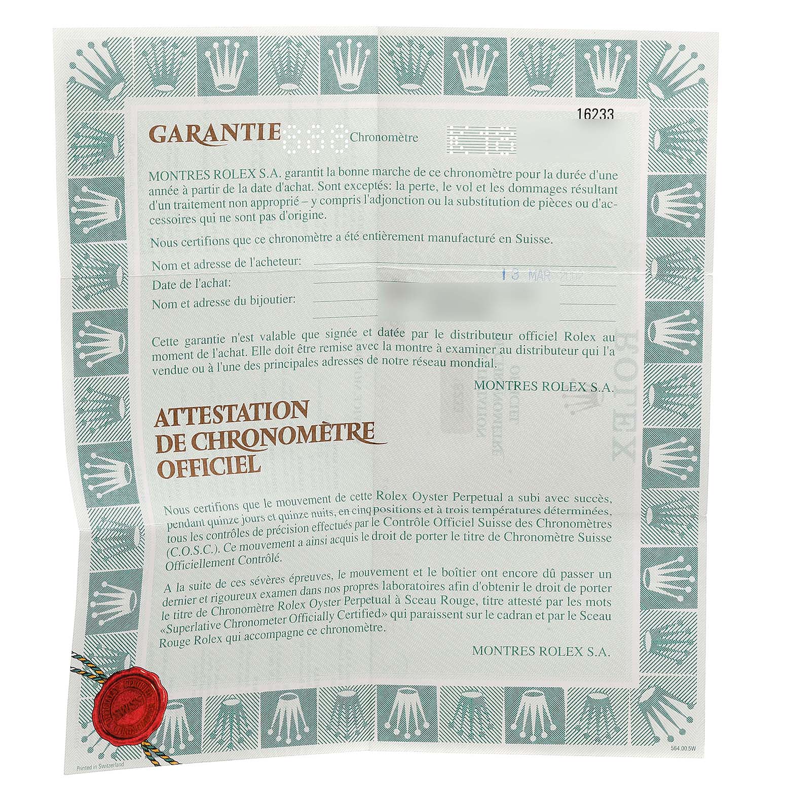 The image shows a warranty and chronometer certification for a Rolex Datejust 16233 Men's Steel and Gold (two tone) Champagne Dial 16233 Men's Steel and Gold (two tone) Champagne Dial model.