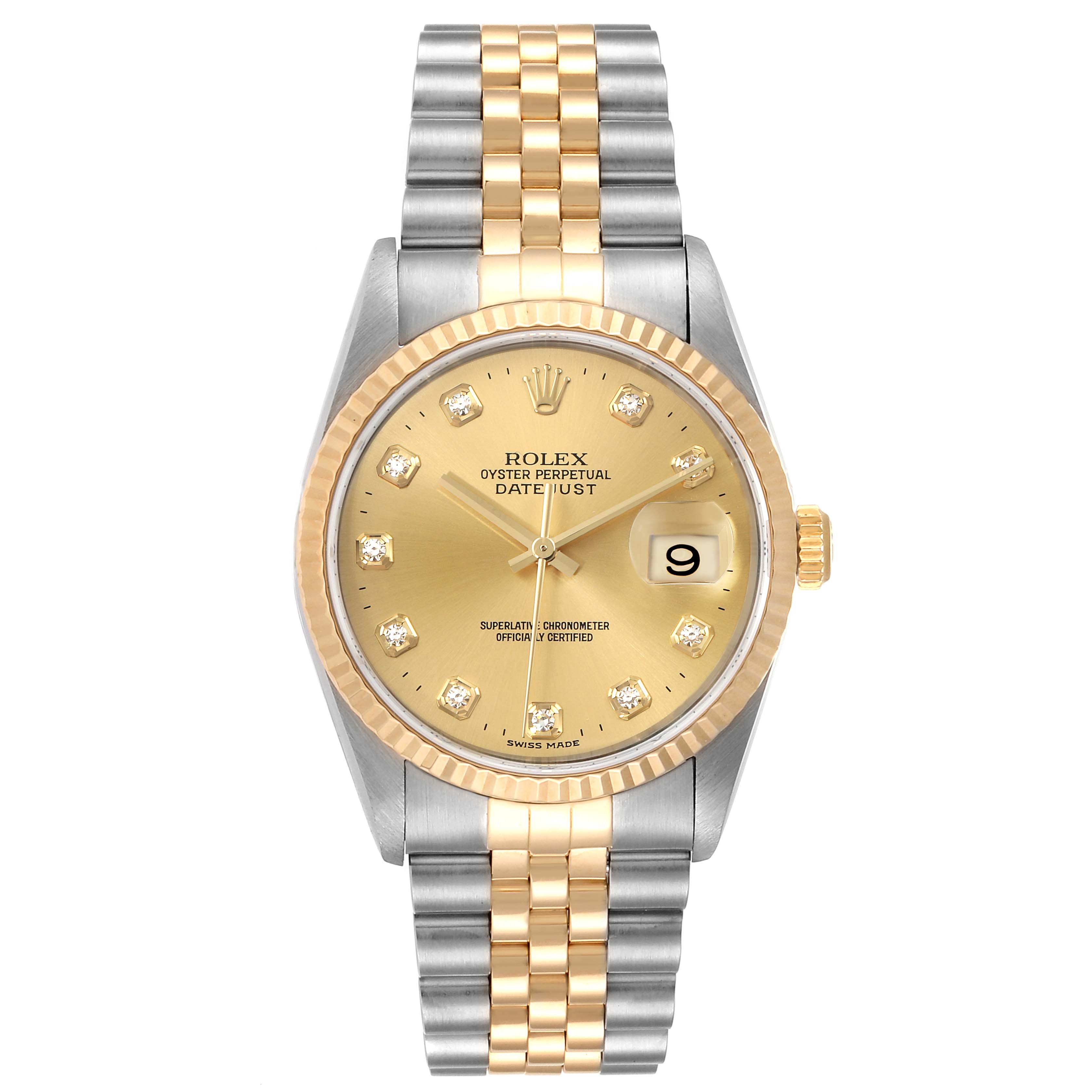 The image shows a Rolex Datejust 16233 Men's Steel and Gold (two tone) Champagne Dial 16233 Men's Steel and Gold (two tone) Champagne Dial watch in a front view, highlighting its dial, bezel, bracelet, and date display.