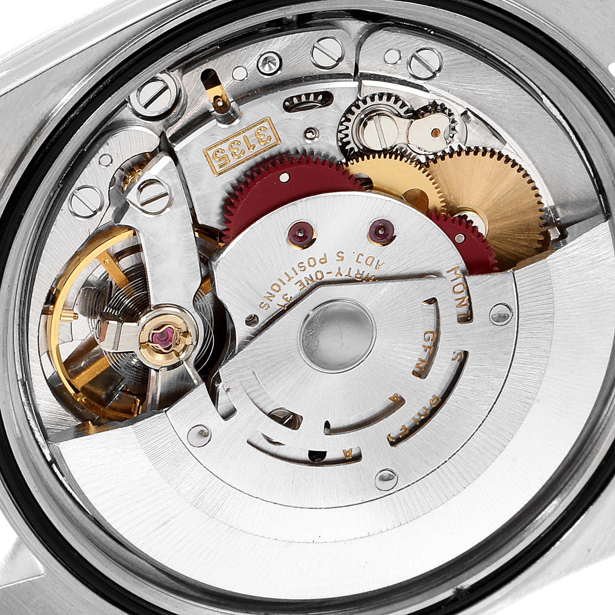 The image shows the inner mechanical movement of a Rolex Datejust 16233 Men's Steel and Gold (two tone) Champagne Dial 16233 Men's Steel and Gold (two tone) Champagne Dial watch, viewed from the back.