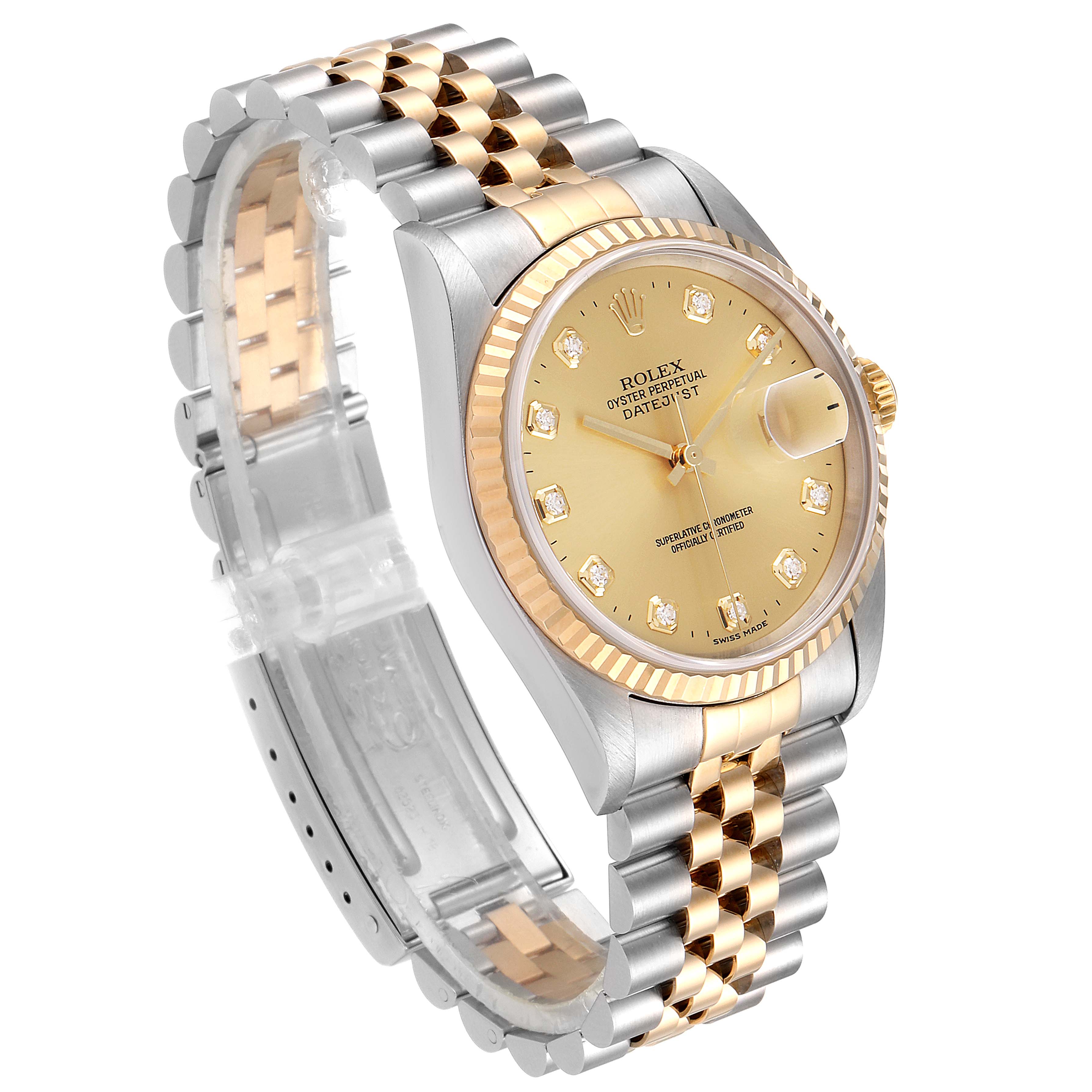 The image shows a Rolex Datejust 16233 Men's Steel and Gold (two tone) Champagne Dial 16233 Men's Steel and Gold (two tone) Champagne Dial watch from a front angle, highlighting its two-tone bracelet, fluted bezel, and champagne dial.