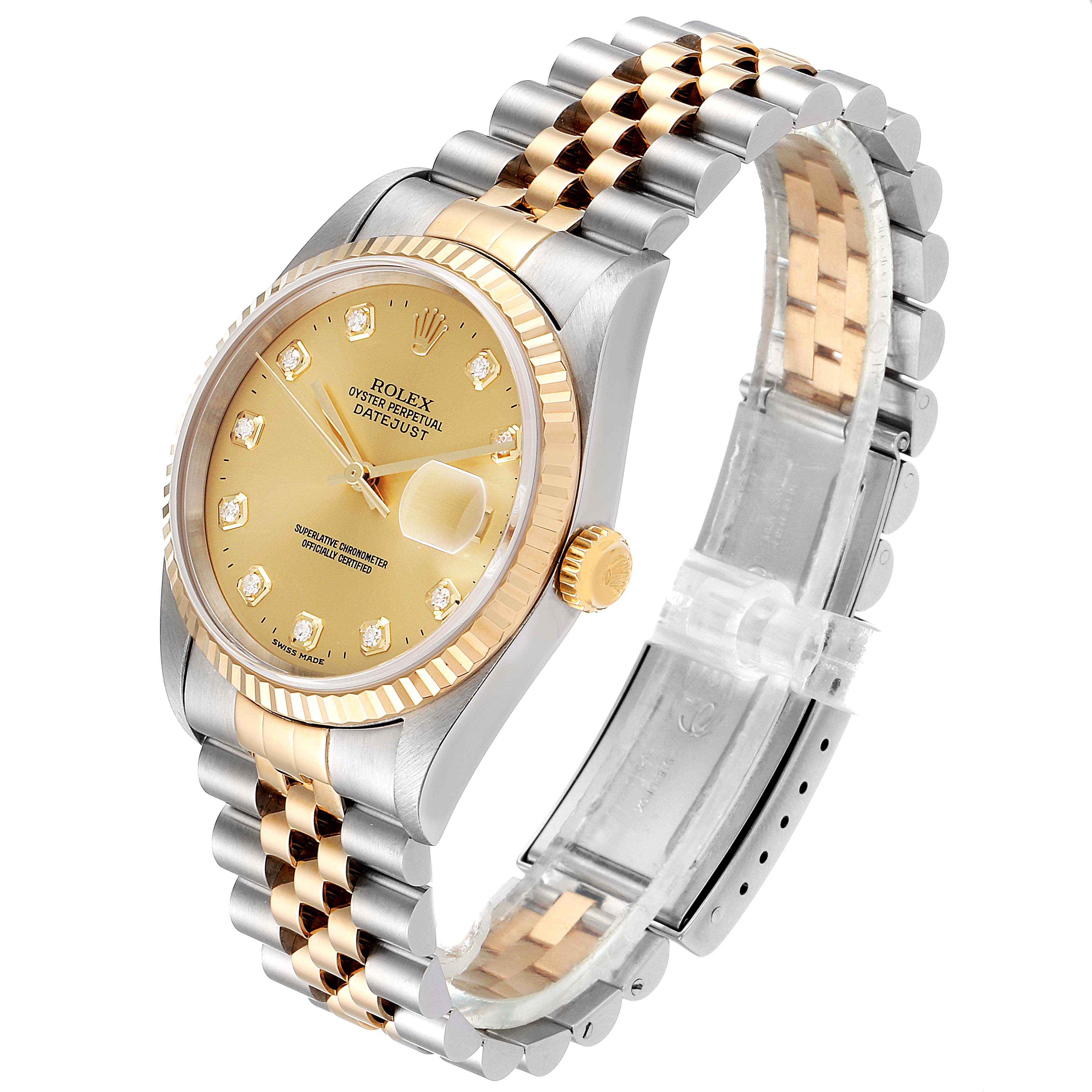The image shows a Rolex Datejust 16233 Men's Steel and Gold (two tone) Champagne Dial 16233 Men's Steel and Gold (two tone) Champagne Dial watch angled from the front-left, featuring a two-tone bracelet, gold dial, and diamond hour markers.