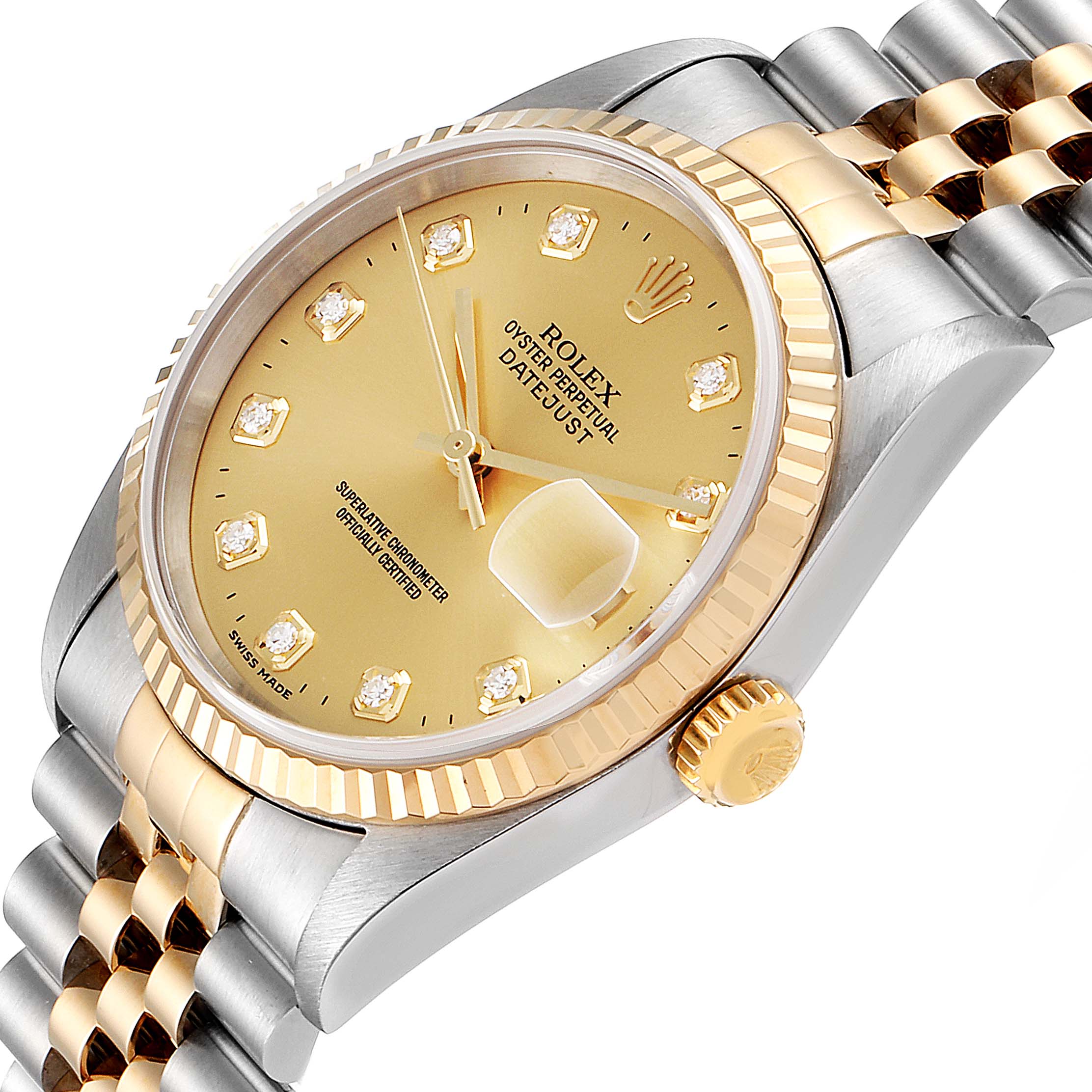 This image shows a close-up of the Rolex Datejust 16233 Men's Steel and Gold (two tone) Champagne Dial 16233 Men's Steel and Gold (two tone) Champagne Dial model watch, highlighting the dial, bezel, crown, and part of the bracelet.