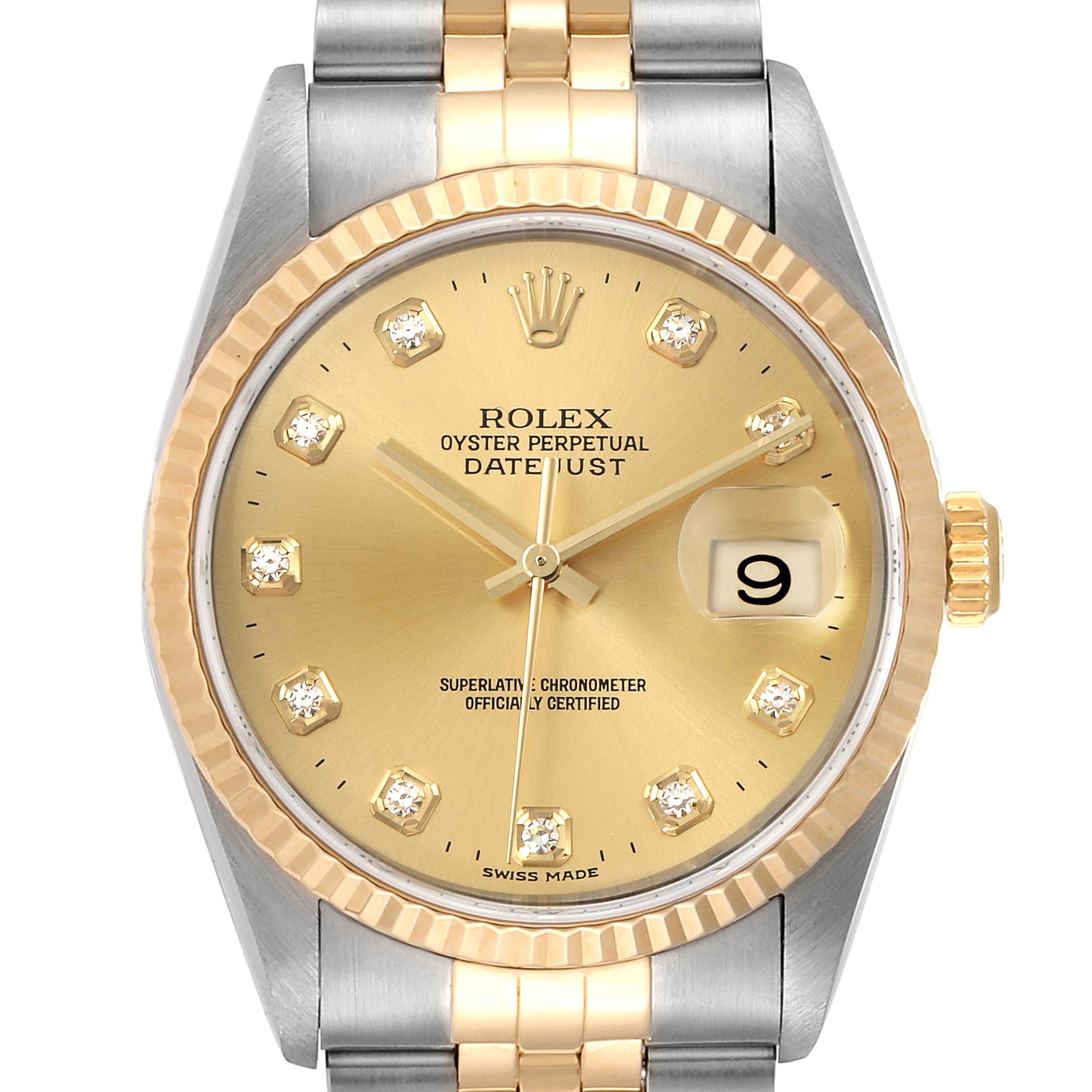 This image shows a front view of the Rolex Datejust 16233 Men's Steel and Gold (two tone) Champagne Dial 16233 Men's Steel and Gold (two tone) Champagne Dial watch, featuring its dial, bezel, and part of the bracelet.