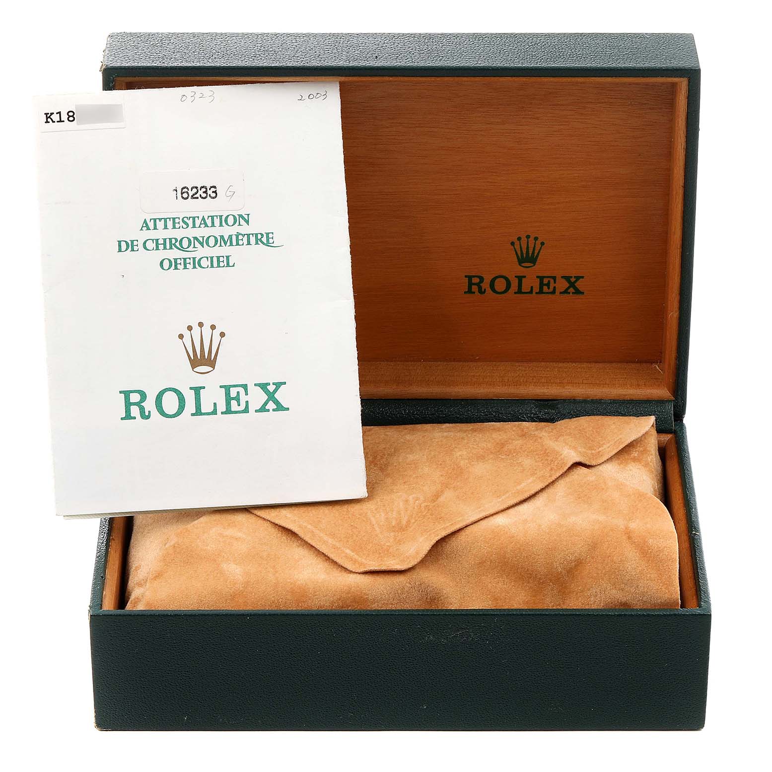 The image shows the opened box and official documentation of a Rolex Datejust 16233 Men's Steel and Gold (two tone) Champagne Dial 16233 Men's Steel and Gold (two tone) Champagne Dial watch, with no watch visible.